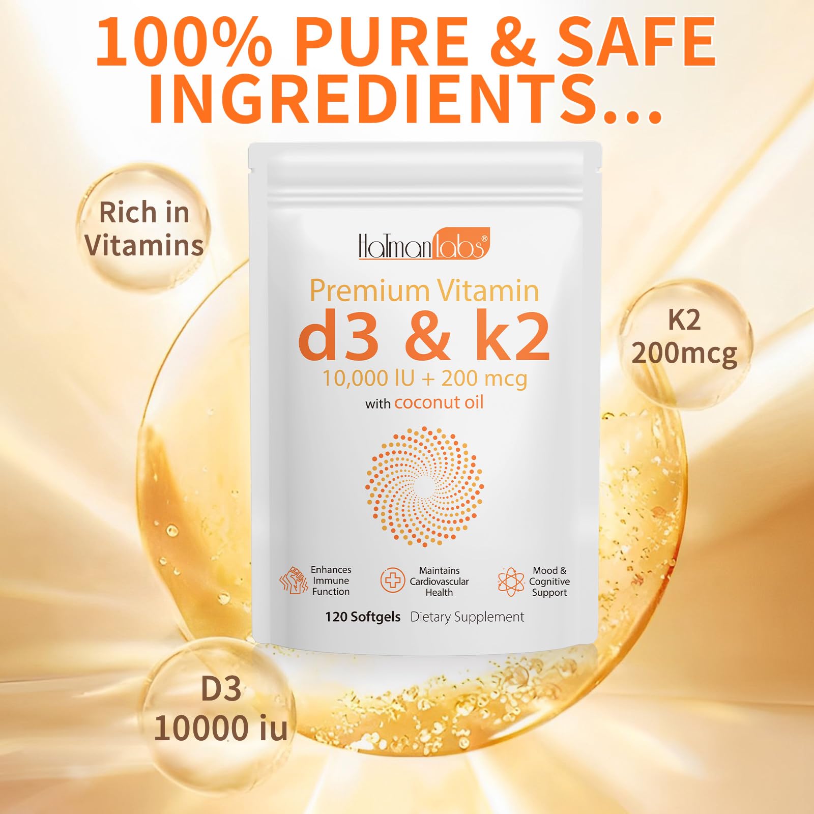 MXCZBSM Vitamin D3 K2 Supplement Softgel, Vitamin D3 K2 Softgel with 10000 IU Supports Immune, Heart, Teeth & Bone Health, Free of GMO, Gluten, Soy