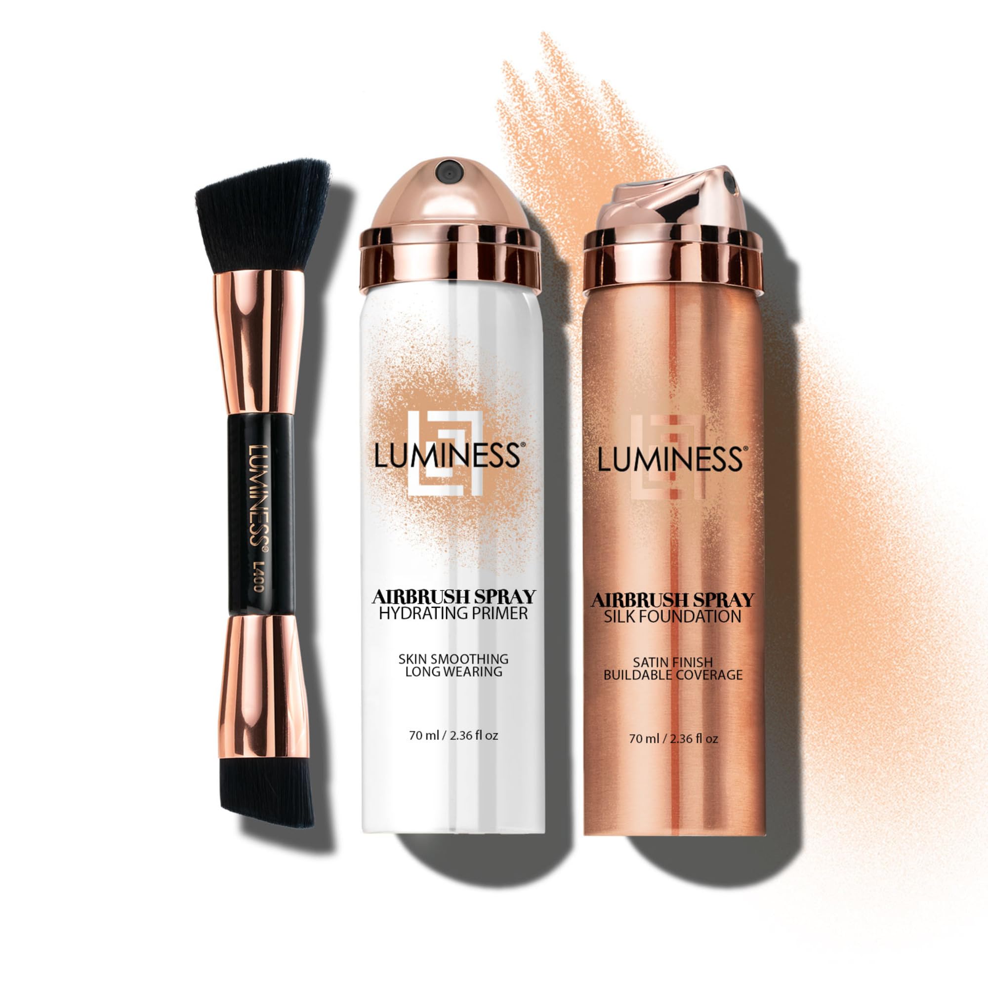 LUMINESS Airbrush Spray Silk Foundation Starter Kit - Light Medium - Foundation, Primer & Dual-Sided Angled Buffing Brush - Medium, Buildable Coverage, Anti-Aging Formula Hydrates & Moisturizes