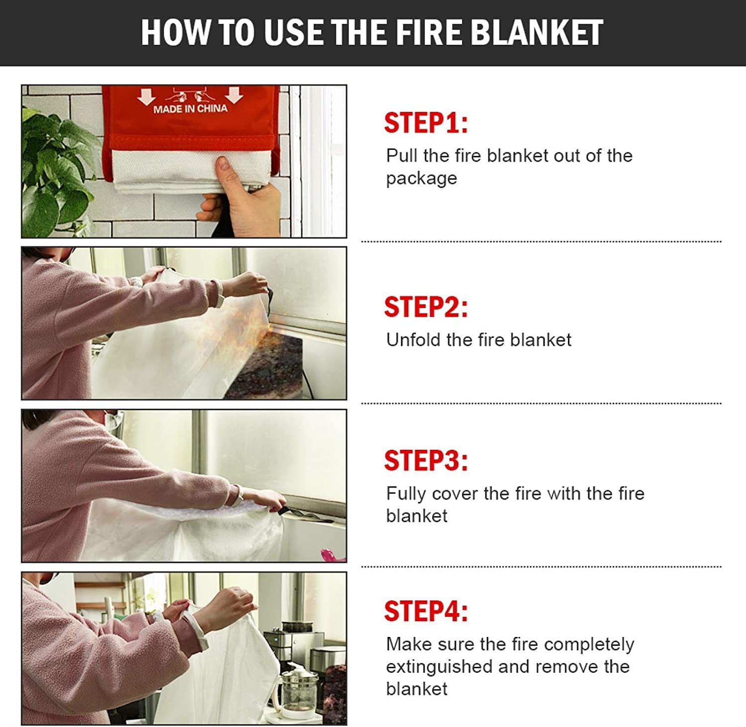 Qujior Emergency Fire Blanket for Home and Kitchen, 39 x 39 inches Reusable Fiberglass Fire Emergency Blanket Fire Shelter Safety Cover for Kitchen, Car, Camping, Grilling, Office, Warehouse (1 Pack)