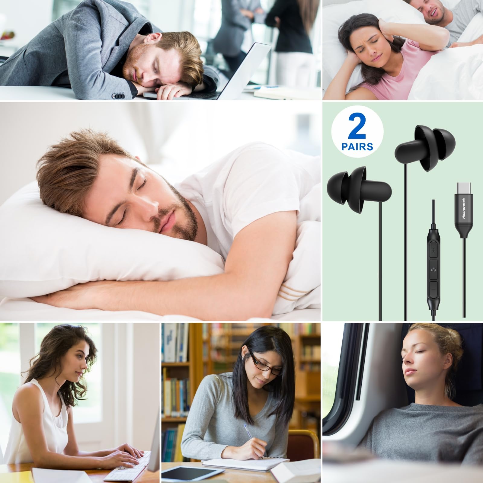 Hearprotek [2 Pairs Sleep Earbuds, USB C Earphones Headphones with Microphone-Silicone Noise Isolation Type C Earbuds Sleep Buds for Android Phone,Ideal for Sleeping, Snoring, Relaxation, Air Travel