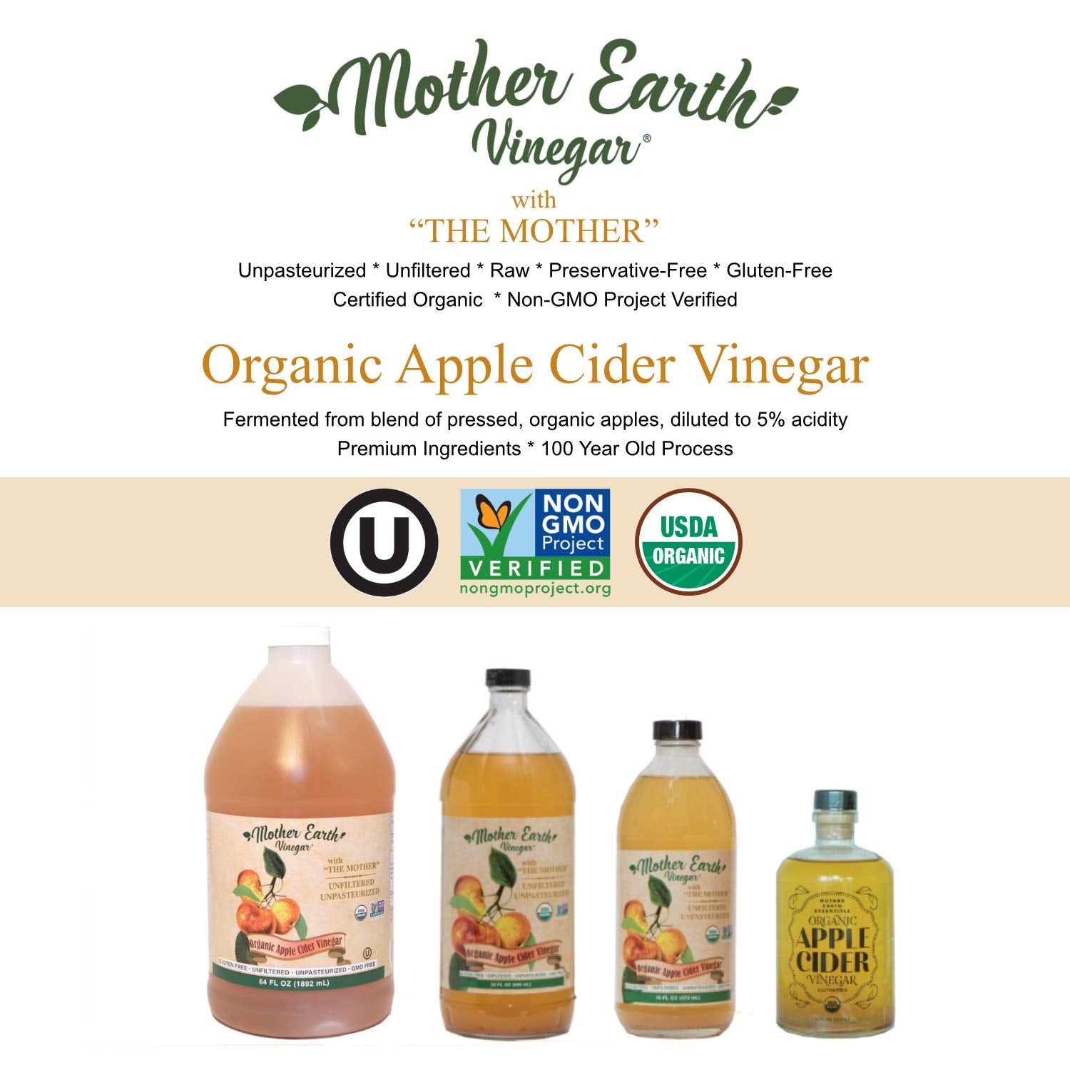 Mother Earth, Organic Apple Cider Vinegar with The Mother, Half Gallon, Fresh Pressed Organic Apples, OACV, ACV, Raw, Unpasteurized, Unfiltered (1/64oz Bottle)