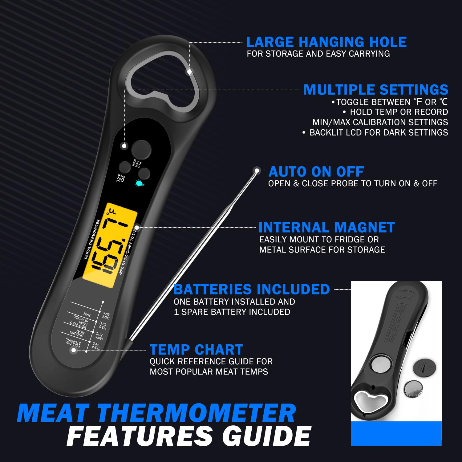 Digital Meat Thermometer for Cooking, Wireless, Instant Read, Waterproof, Backlight, Ultra-Fast Accurate & 180°Foldaway Probe, Idea for Turkey/Grilling