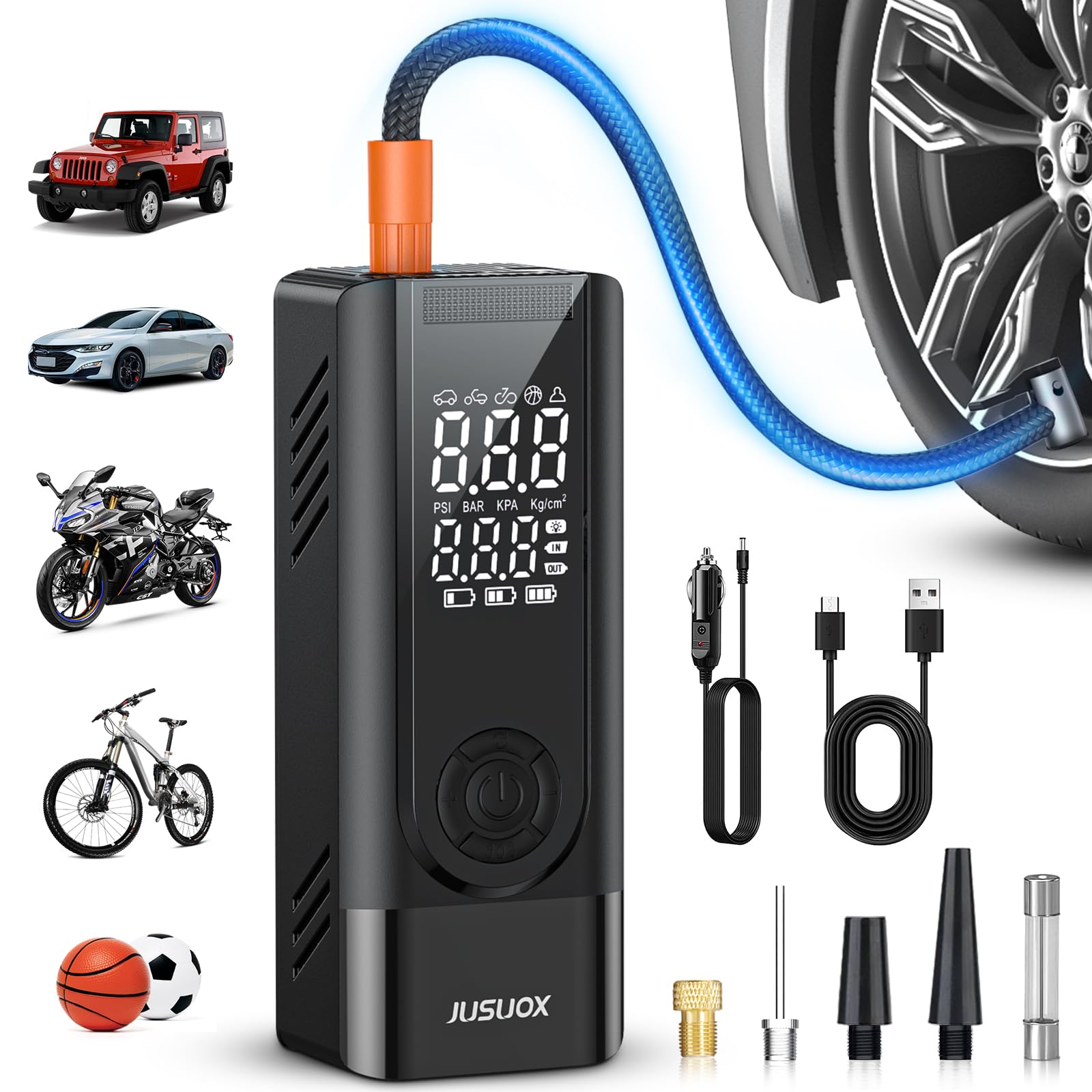 Tire Inflator Portable Air Compressor, 150PSI Cordless Air Pump for Car Tires, Battery & 12V DC Dual Power Electric Bike Tire Pump with Digital Pressure Gauge, LED Light, for Motorcycle, Ball