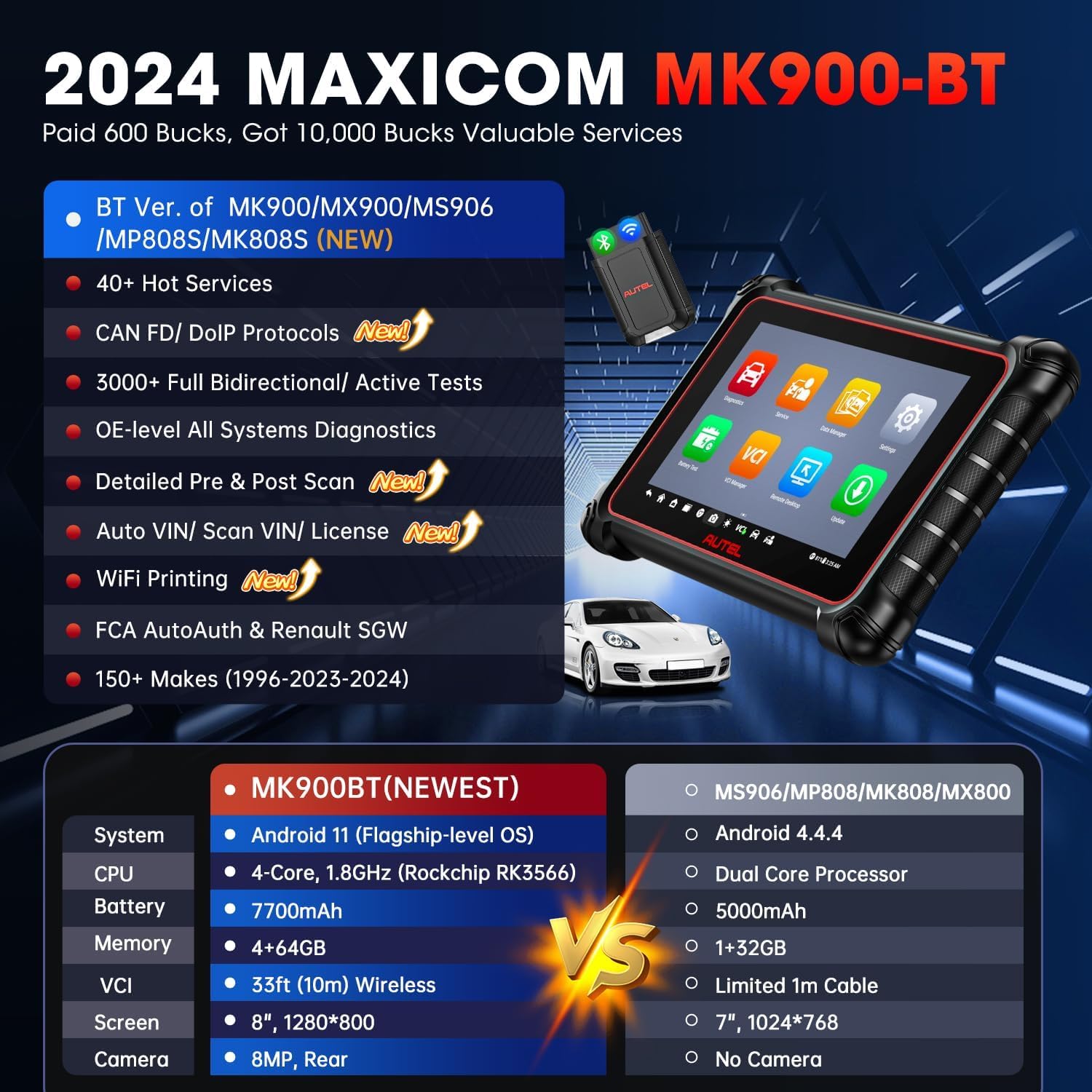 Autel Scanner MaxiCOM MK900-BT MK900BT: 2024 BT Ver. of MK900 MX900, 8in Up of MK808S MK808BT PRO MX808S MK808Z MS906, 3K+ Bidirectional Tool as MP900BT 40+ Reset, CANFD DoIP, Pre Post Scan, FCA, 11OS