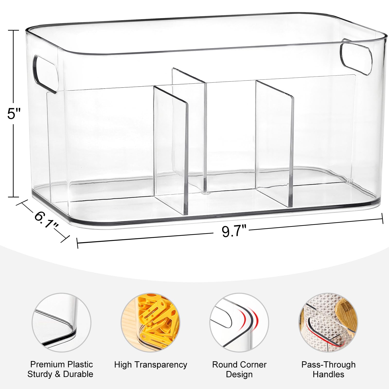 5-Compartment Clear Plastic Bin - Divided Art Supplies, Cosmetic Makeup Caddy Organizer - Multiuse Storage Container for Vanity, Bathroom, Kitchen, Office, Craft, Shower, Cleaning Items, (1 Pack)