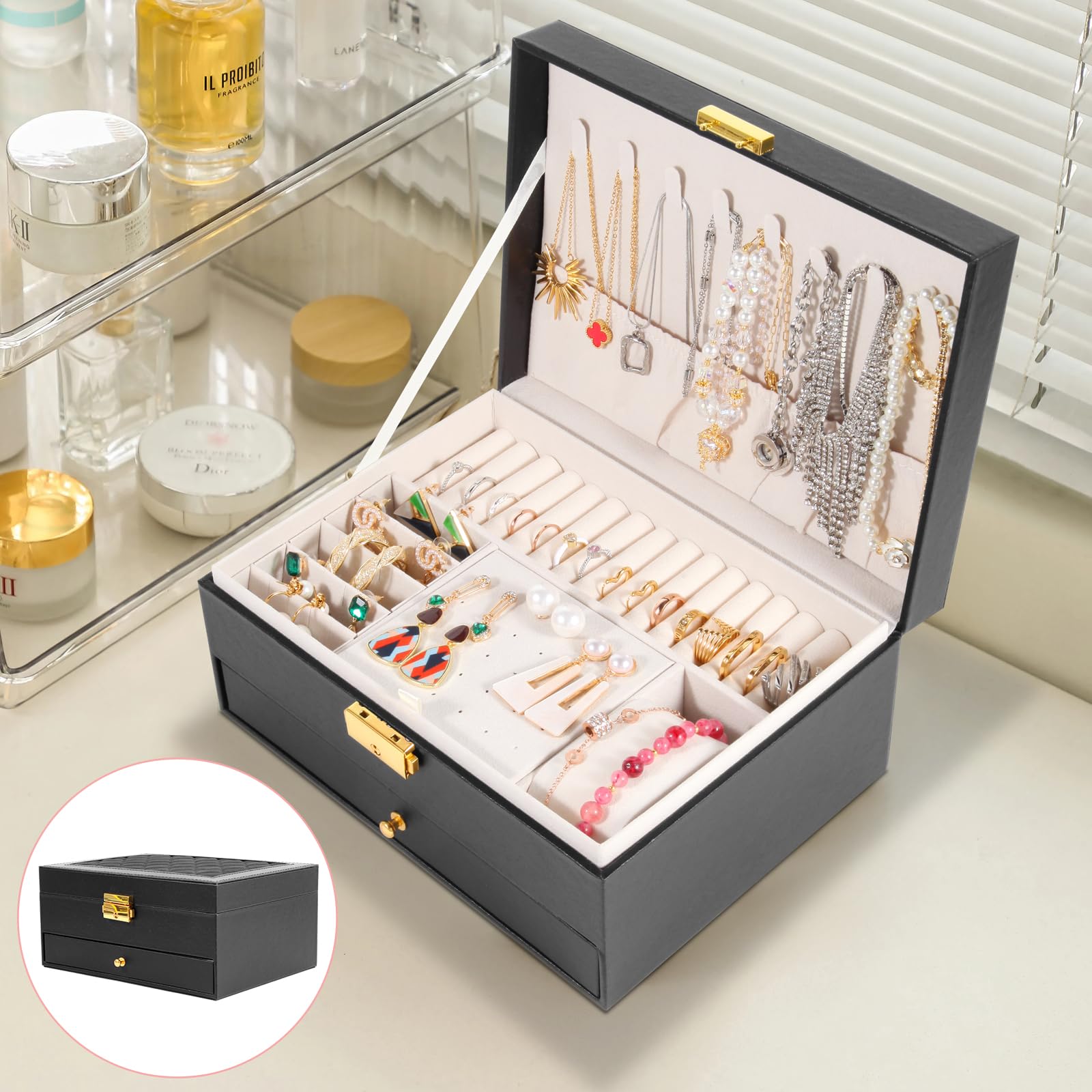 Luxnwatts Jewelry Box for Women Girls-Two Layers Jewelry Organizer with 1 Drawer-Large Jewelry Boxes & Organizer for Necklaces Earrings Rings Bracelets