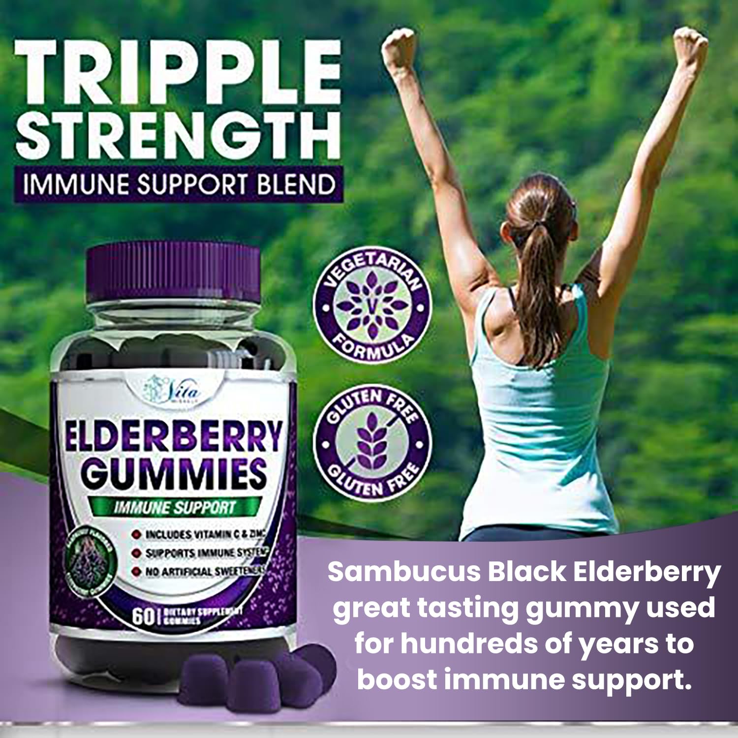 Sambucus Elderberry Gummies for Adults & Kids with Vitamin C and Zinc High Potency Daily Immune Support Gummy Gluten Free Vegan Non-GMO All Natural 60 Count