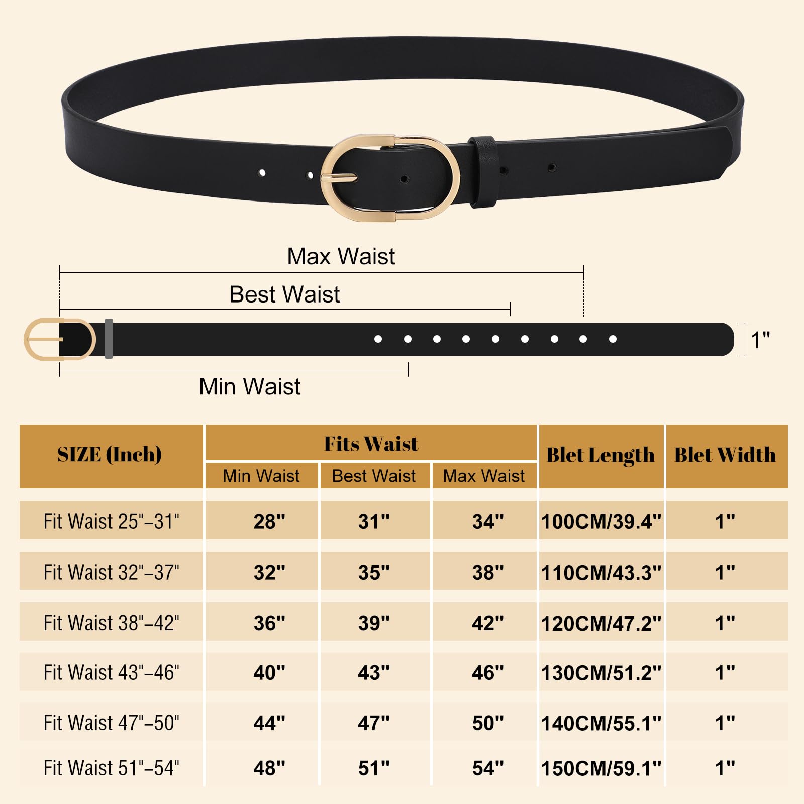 VONMELLI 3 Pack Women's Belts for Jeans Pants Fashion Gold Buckle Ladies Dress Belt Black Brown Beige M