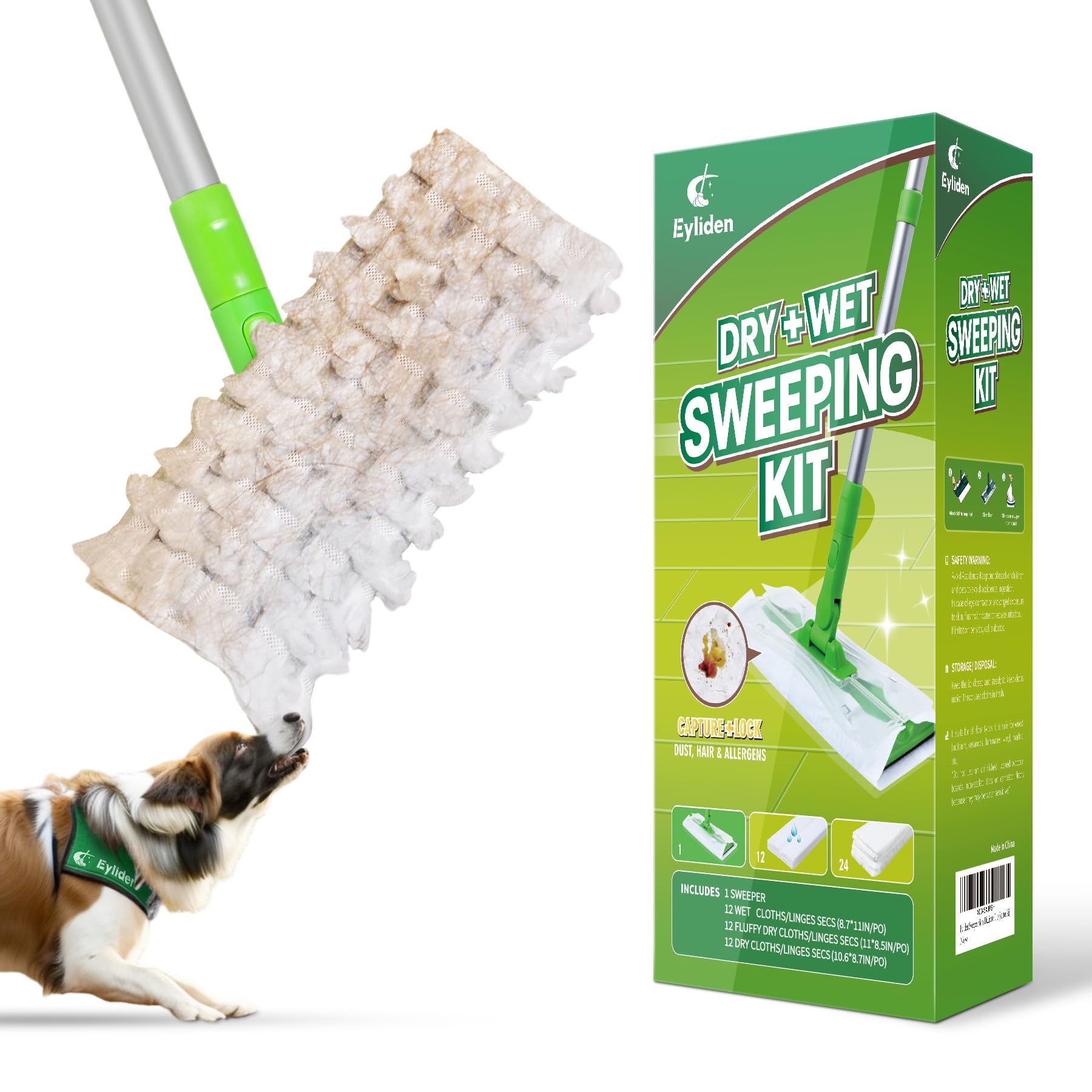 Eyliden Sweeper Mop, Wet & Dry Mops for Floor Multi Surface Cleaning, Disposable Dust Mop Starter Kit with 36 Refills - 12 Wet Mop Cloths, 12 Heavy-Duty Pet Hair Mop Pads, 12 Dry Sweeping Cloths