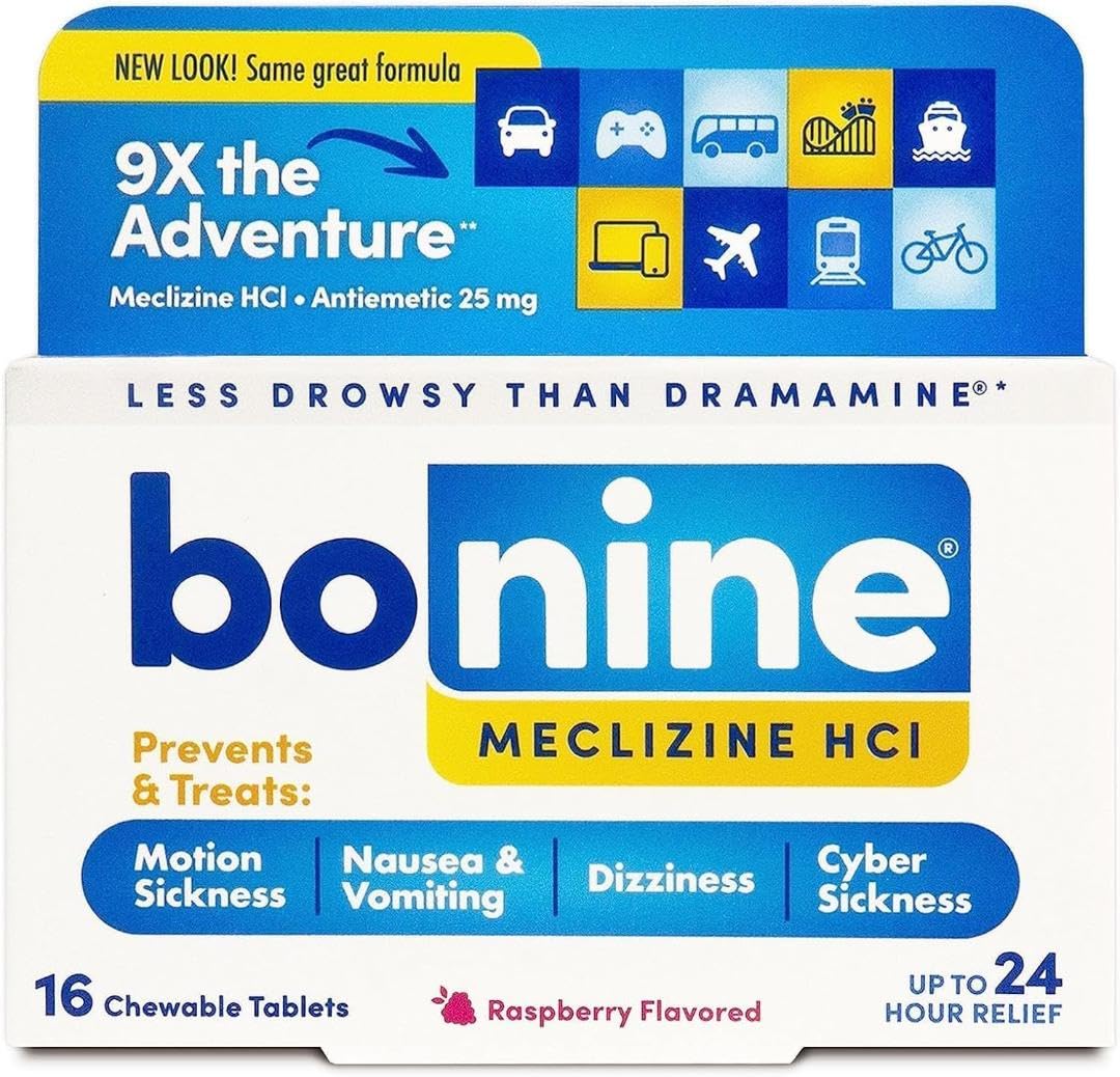 Non-Drowsy Bonine for Motion Sickness Relief, Sea Sickness, Car Sickness, Nausea, & Vomiting - Meclizine HCI 25mg, Travel-Sized - 16ct Raspberry Chewable Tablets (Packaging May Vary)