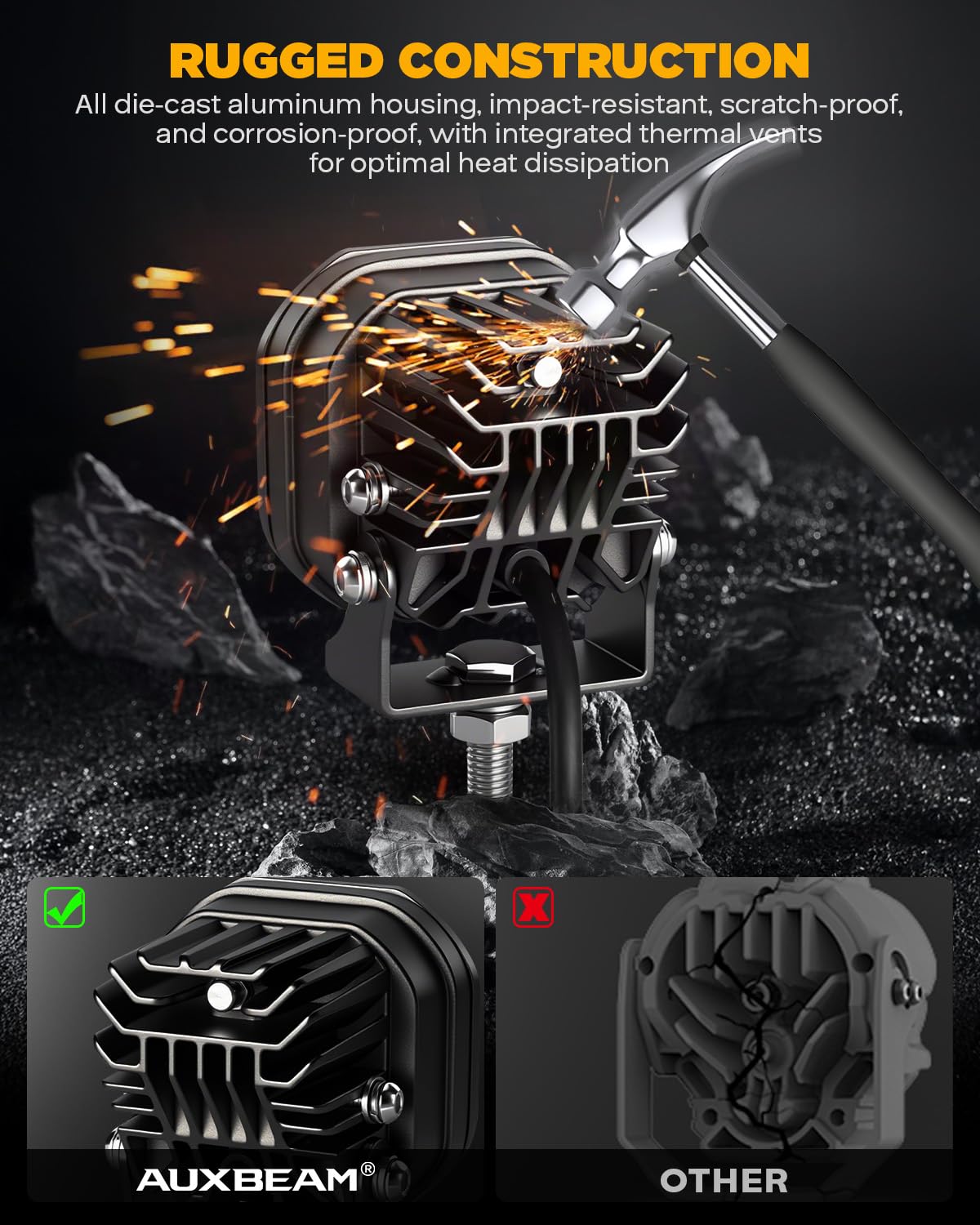 Auxbeam XP-Ultra Series 3" 80W Cube LED Pods White Spot Beam & Amber Combo Beam Replaceable Light Covers 9600LM Yellow Offroad Ditch Lights Driving Light Bar, Pair