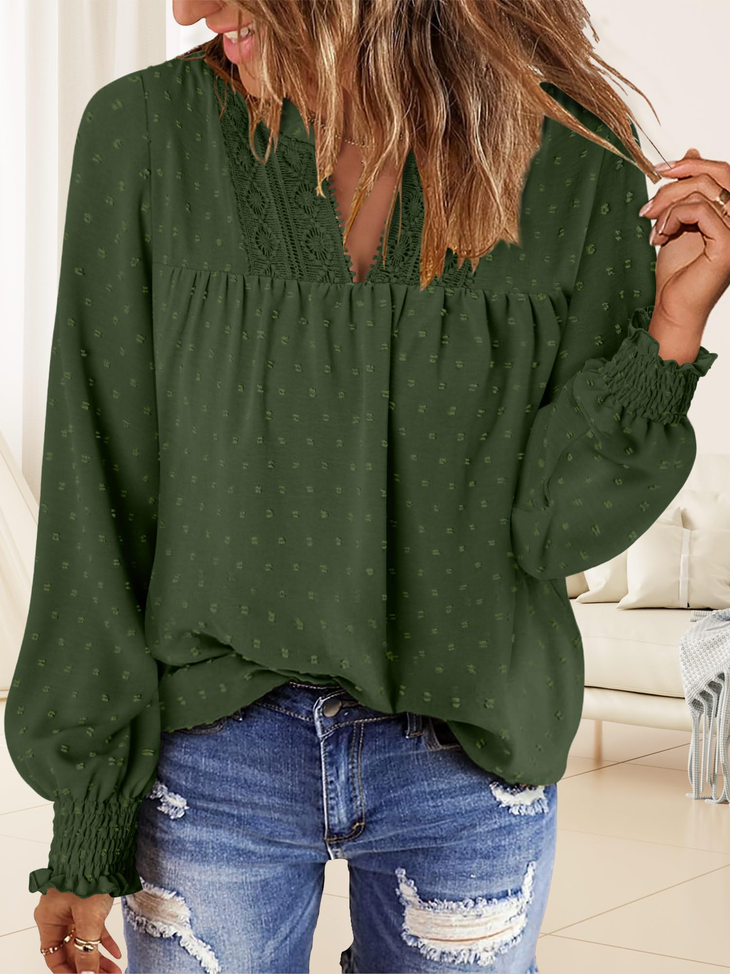 BETTE BOUTIK Flowy Boho Tops Womens Long Sleeve Fall Cute Dressy Casual Shirts Loose Chic Winter V Neck Lace Western Work Swiss Dot Blouses Blackish Green XL