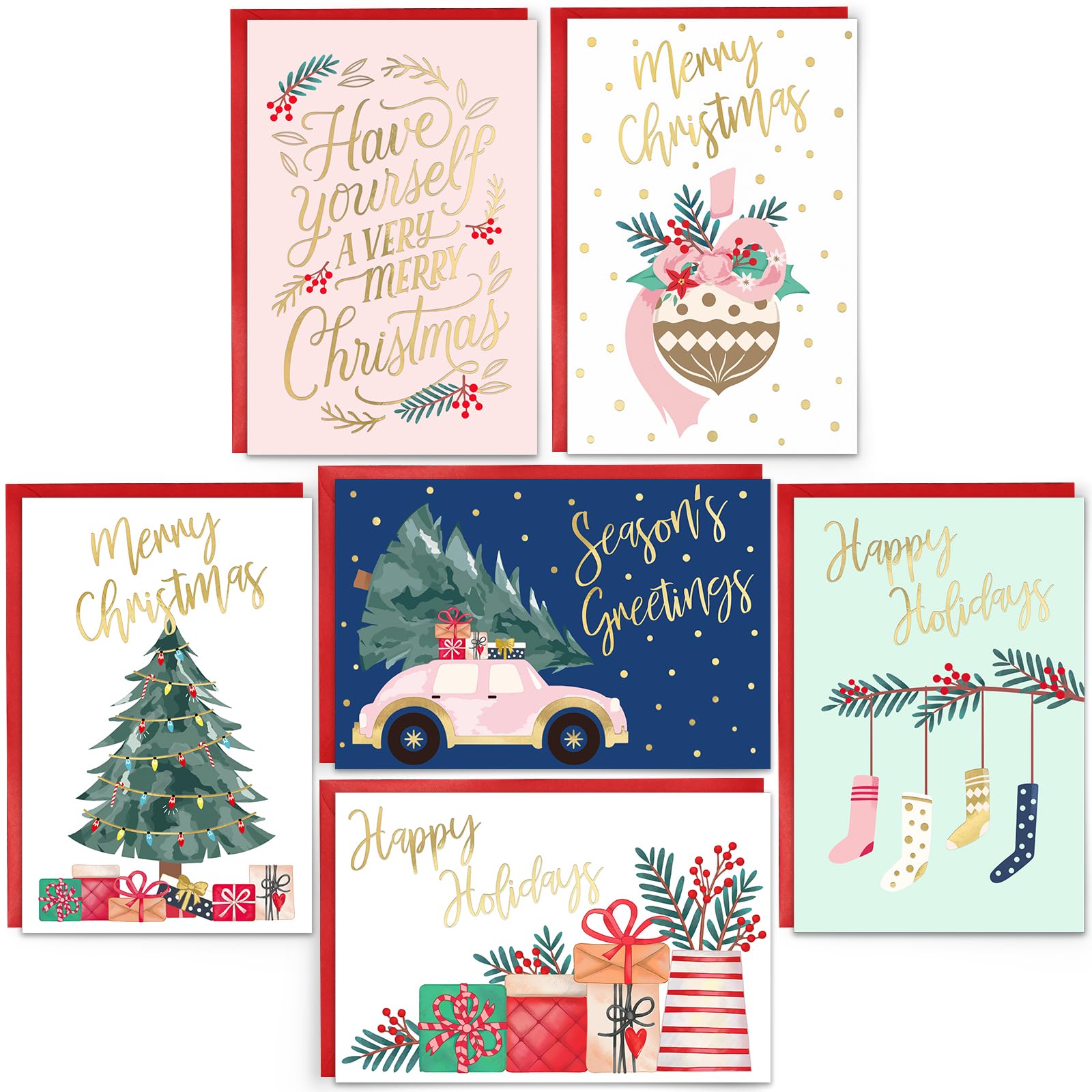 BGTCARDS Christmas Cards, 24 Merry Christmas Cards with Envelopes, 6 Assorted Designs Bulk Greeting and New Years Cards, Perfect to Send Warm Holiday Wishes to Friends and Family, 4" x 6"