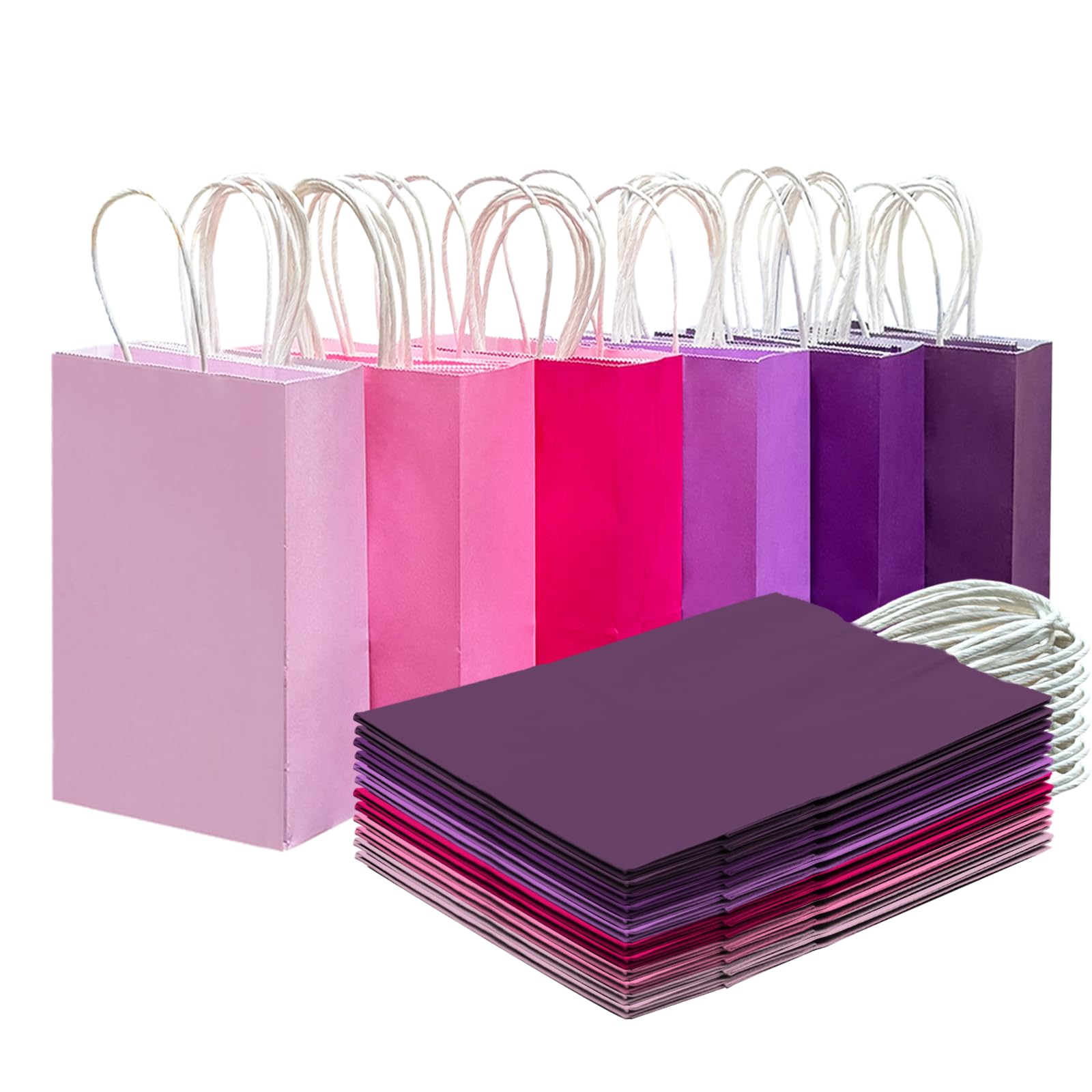 qiqee 30PCS Small Gift Bag with Handles Bulk 8.3"x6"x3" Gift Bags 6 Different Pink ＆ Purple Color Bags Multiple Uses (Small Size)