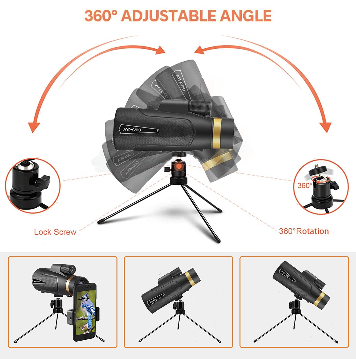 AYRAVIIO 12×60 Monocular Telescope with Smartphone Holder & Upgraded Tripod, High Powered SMC & BAK4 Scope, Birthday Gifts for Men Dad Him Husband Teen, Outdoors Survival Hiking Gear