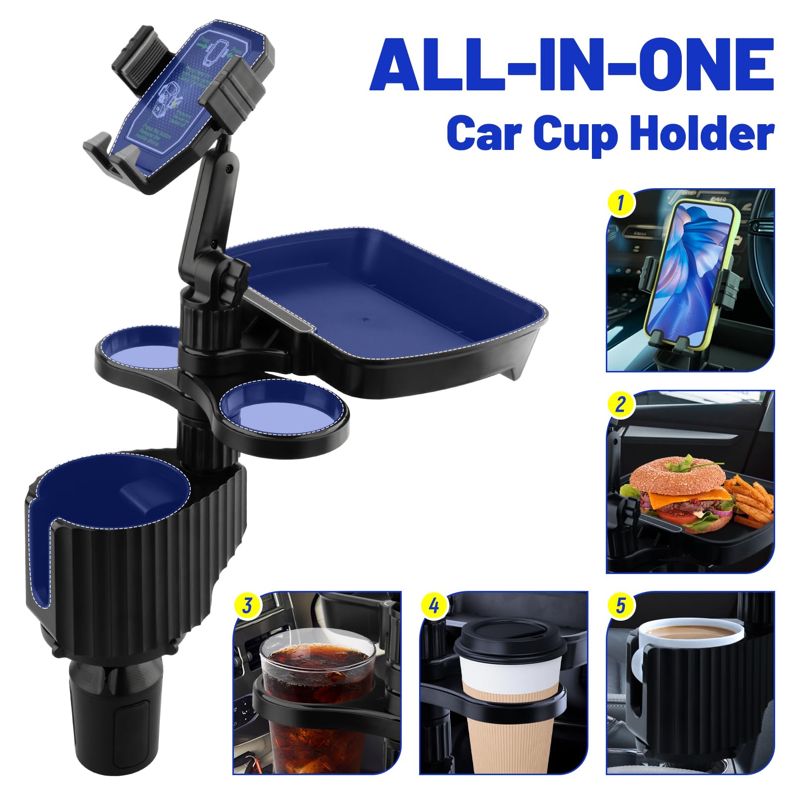 Bvdfgk Car Cup Holder Tray - Adjustable Car Cup Holder Phone Mount with Food Tray 5 in 1 Swivel Expander for All Purpose, Automotive Extender Accessories Gifts for Auto Trucker Road Trip