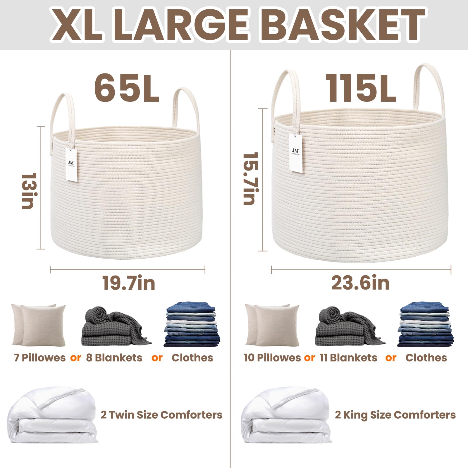JMvicyroam 65L Extra Large Blanket Basket for Living Room - Woven Cotton Rope Laundry Hamper with Reinforced Handles - Storage Bin for Pillows, Comforters & Toys - Machine Washable,White