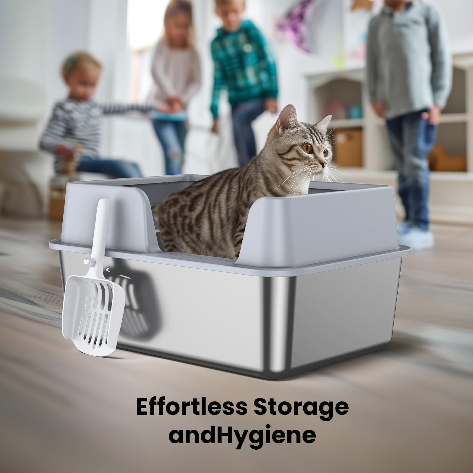 Stainless Steel Cat Litter Box with Lid, NAUGHTYTRIBE Covered Litter Box for Cats Metal Litter Pan Tray with High Wall Sides Enclosure, Anti-Leakage, Include Litter Scoop, Size:19.5"x13.6"x9.5"