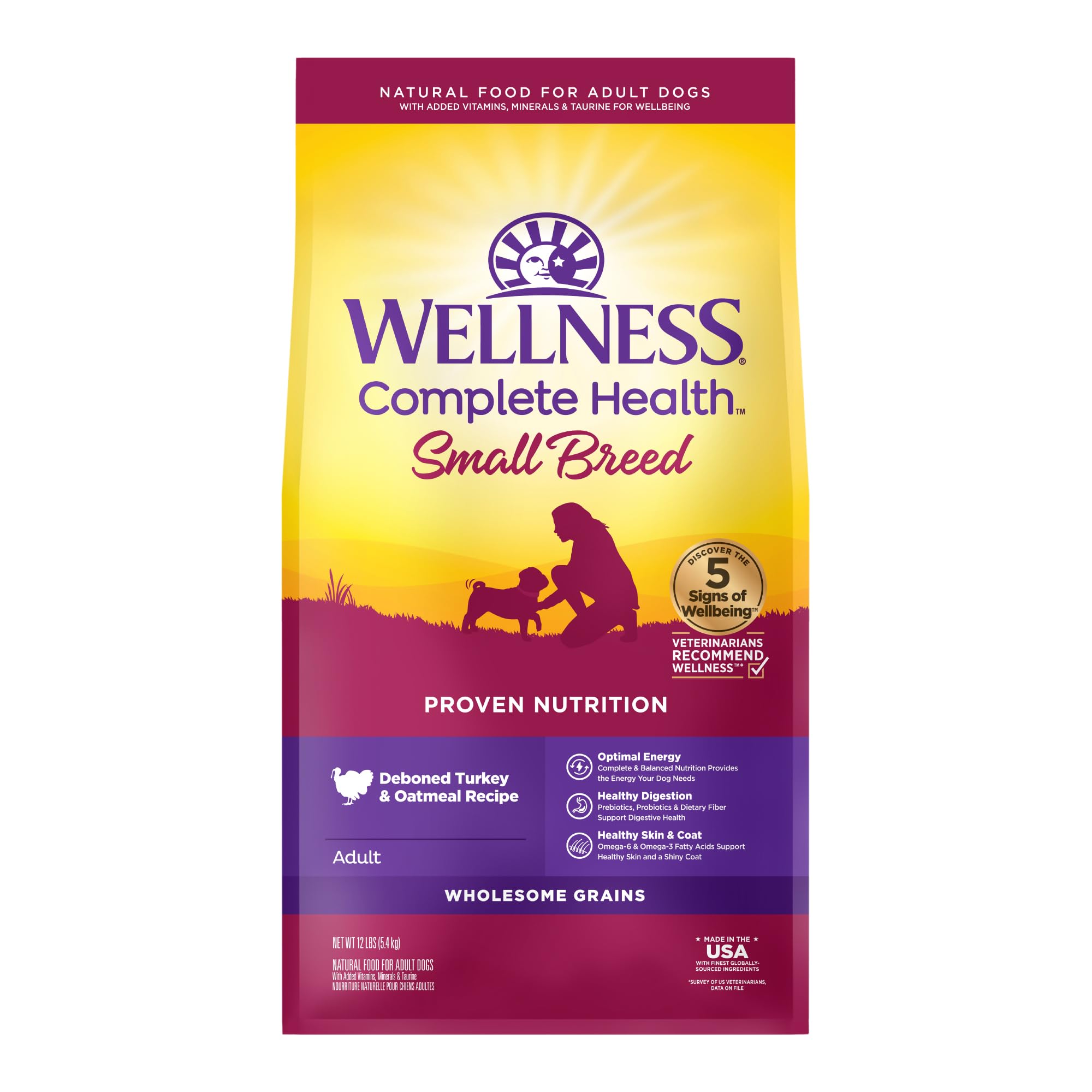 Wellness Complete Health Small Breed Adult Dry Dog Food with Grains and Real Turkey, Natural Ingredients, Omega Fatty Acids, and Probiotics, Made in USA (12-Pound Bag)”