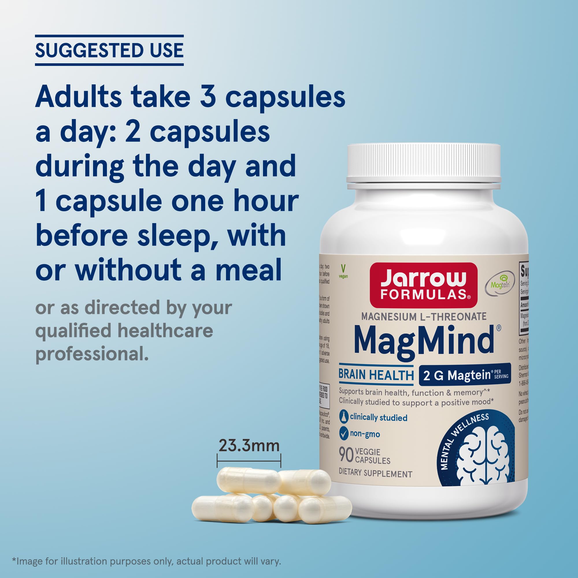 Jarrow Formulas Magnesium L-Threonate, MagMind Brain Supplements for Memory Support, 90 Veggie Capsules, Up to a 30 Day Supply