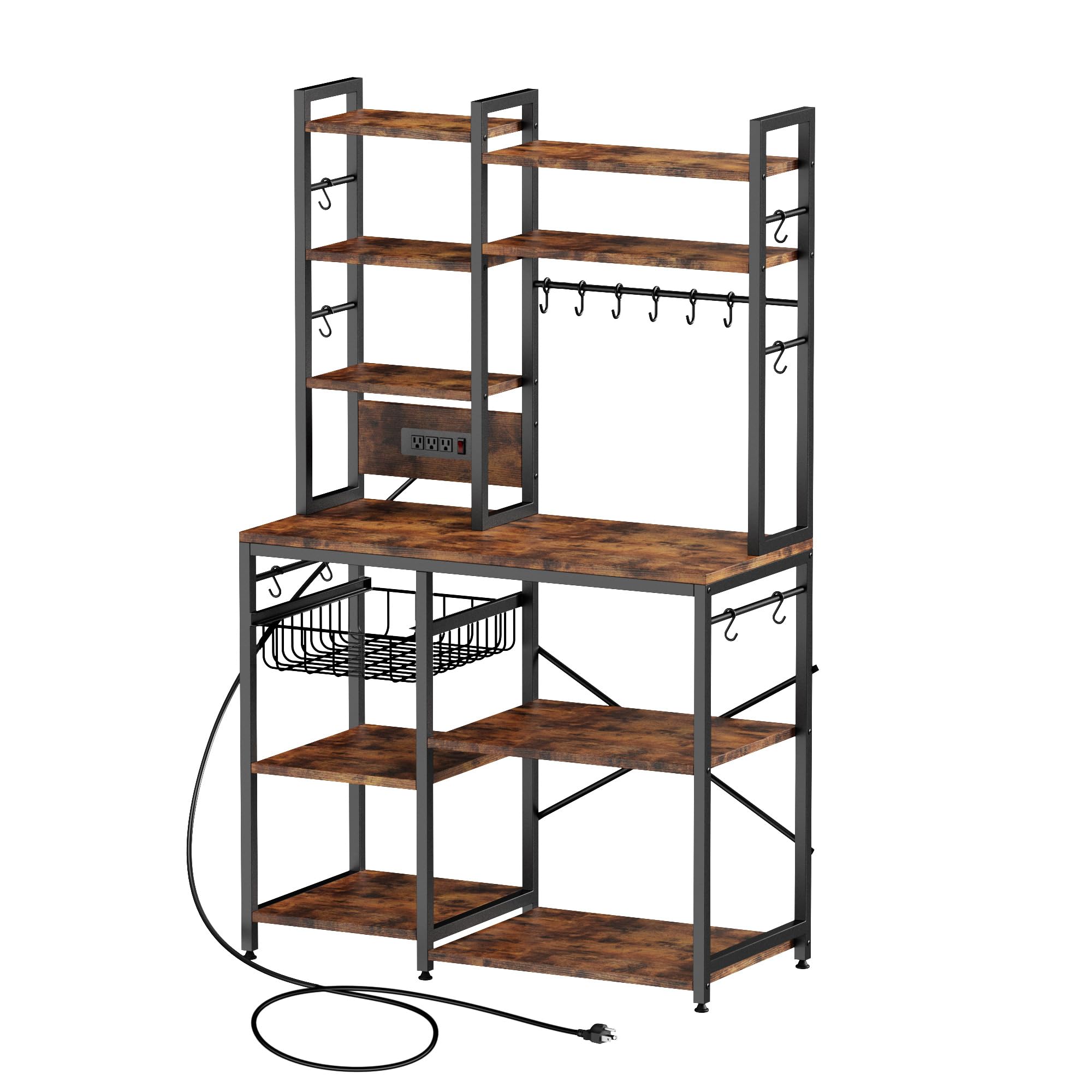 Monesti 6-Tier Kitchen Baker’s Rack with Power Outlet Utility Storage Shelf Rack with 14 Hooks, Industrial Floor Standing Spice Rack Organizer Workstation for Microwave, Spice Jars, Pots and Pans.