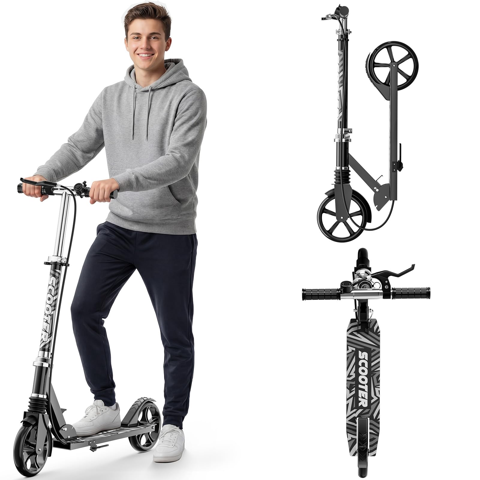 Scooters for Kids 8-12, Teens & Adults - Load 240 LBS, 8-Inch Wheels, Kick Scooter with Shock Absorption System, Hand Brake & Bell, 4 Adjustable Height Levels, Perfect for School, Commuting or Park