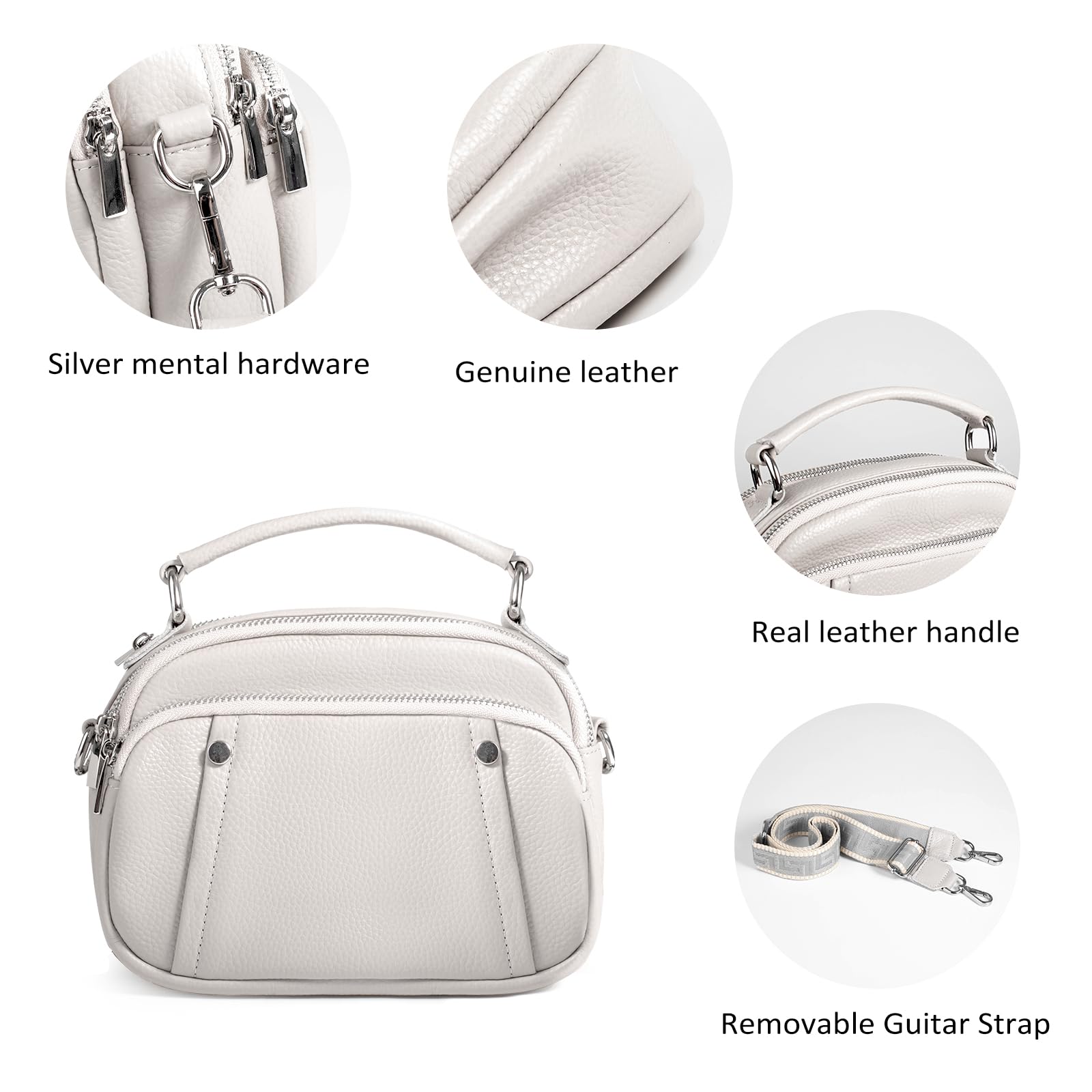 befen Genuine Leather Small Crossbody Purses Bag for Women, Women's Triple Zip Satchel Shoulder Bags Handbags with Wide Strap Beige Grey