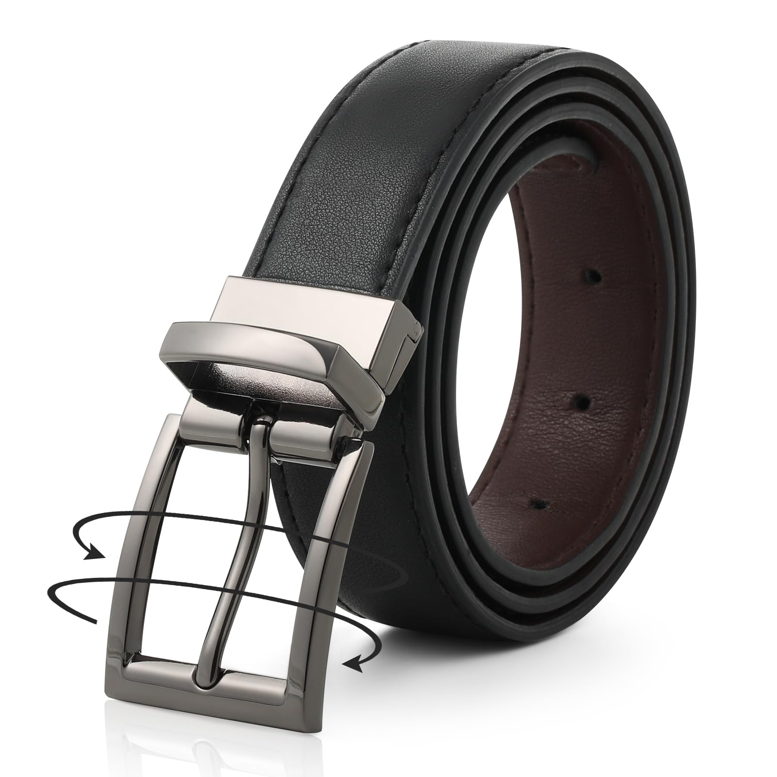 AWAYTR Reversible Leather Belt for Women - Two Color-in-One Belt for Jeans Women Men Belt with Rotated Buckle(Coffee/Black with Gun Color Buckle 39in(100cm))