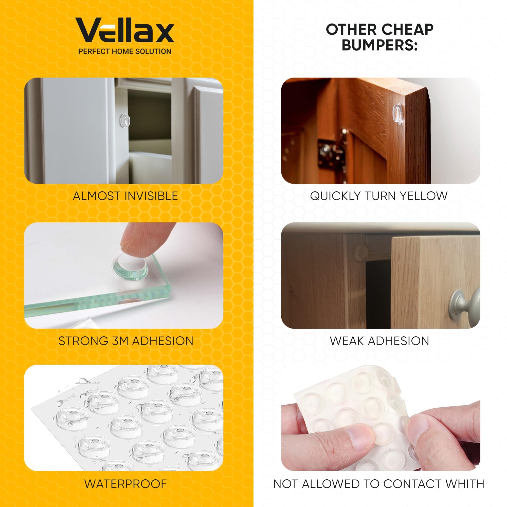 Vellax 128 & 64 Clear Cabinet Door Bumpers - 1/2 Inch Self Adhesive Rubber Stoppers for Drawers, Damp Pads Cupboards, Cutting Boards, Glass Tops, Picture Frames