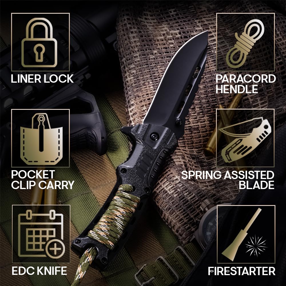 Grand Way Pocket Knife - Spring Assisted Knife with Fire Starter Whistle Paracord Handle - Tactical Folding Knives - Best for Survival Hiking Hunting Camping - Stocking Stuffers for Men 6772