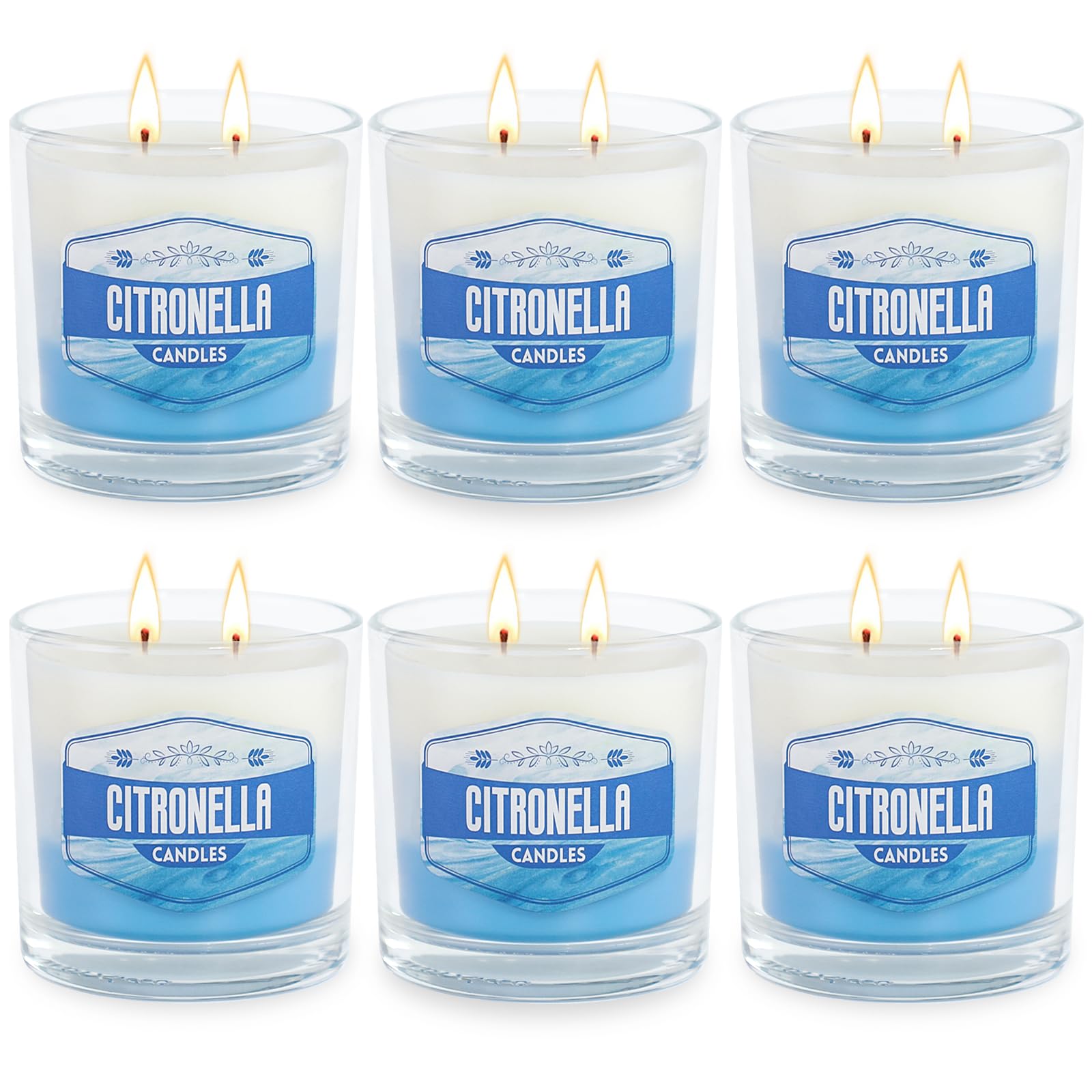 6 Pack Citronella Candles Outdoor, 2 Wick Large Scented Citronella Candles Set, 60 oz 450H Burn Citronella Candle Essential Oils and Natural Soy Wax for Summer Garden Yard Balcony Camping Backyard