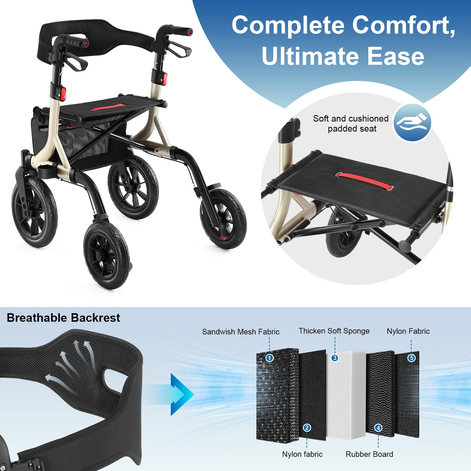 MAXWALK Walkers for Seniors, Rollator Walker with Seat, 12" Big Rubber Wheels All Terrain Rollator Walker with Backrest, Built-in Cable, Cup Holder, Foldable and Height Adjustment for Seniors, Gold