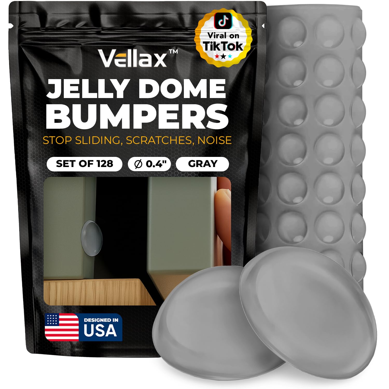 Vellax Cabinet Door Bumpers 128 Pcs - Grey Self Adhesive Pads, Cabinet Stoppers, Rubber Bumpers for Drawers, Cupboards, Cutting Boards, Glass Tops, Picture Frames, Kitchen Furniture (Hemispherical)