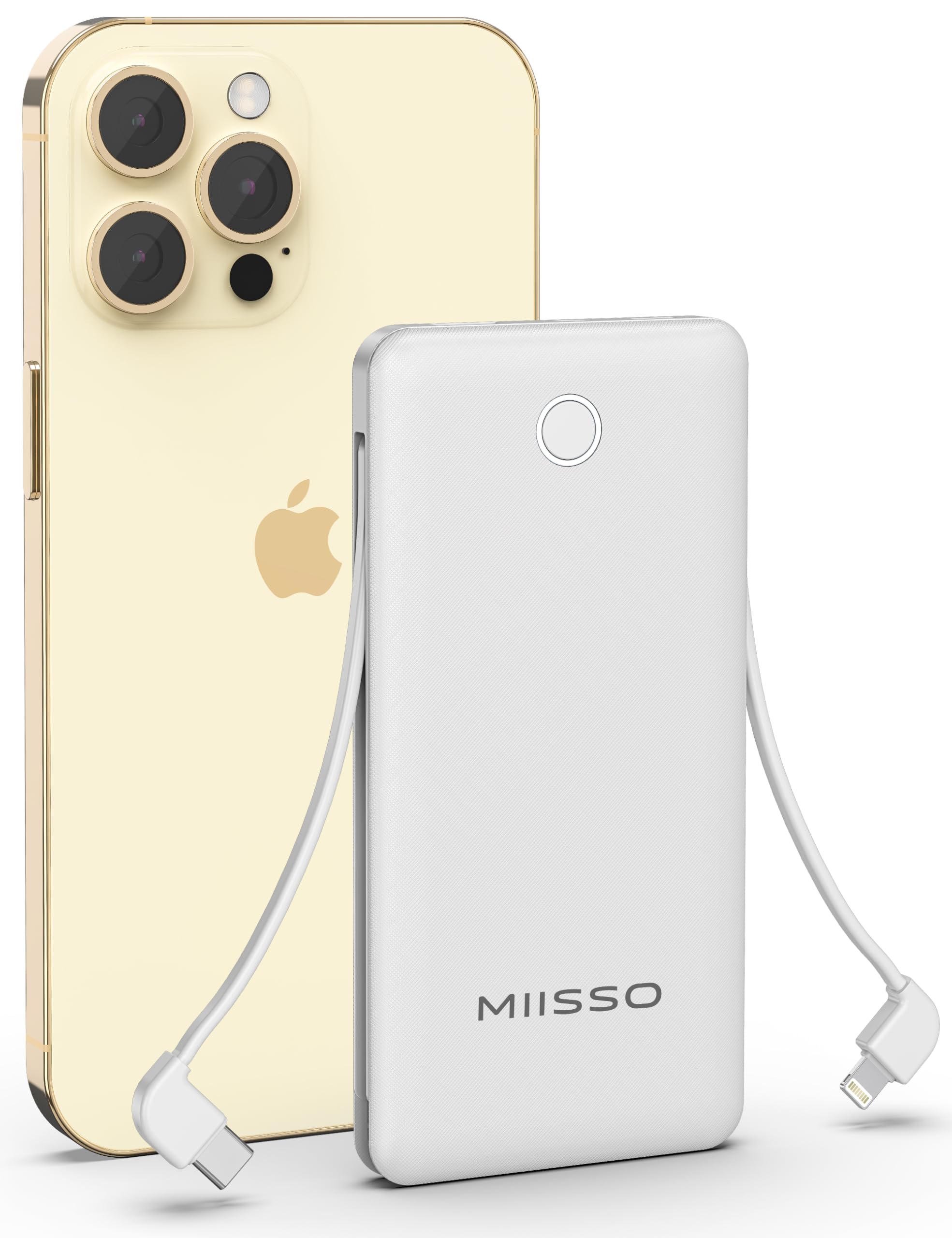 miisso 10000mAh Slim Portable Charger with Built in Cable, Power Bank Travel Charger External Battery Pack for Phone, 4 Output USB Type C Cord Clutch Charger Compatible with iPhone, White