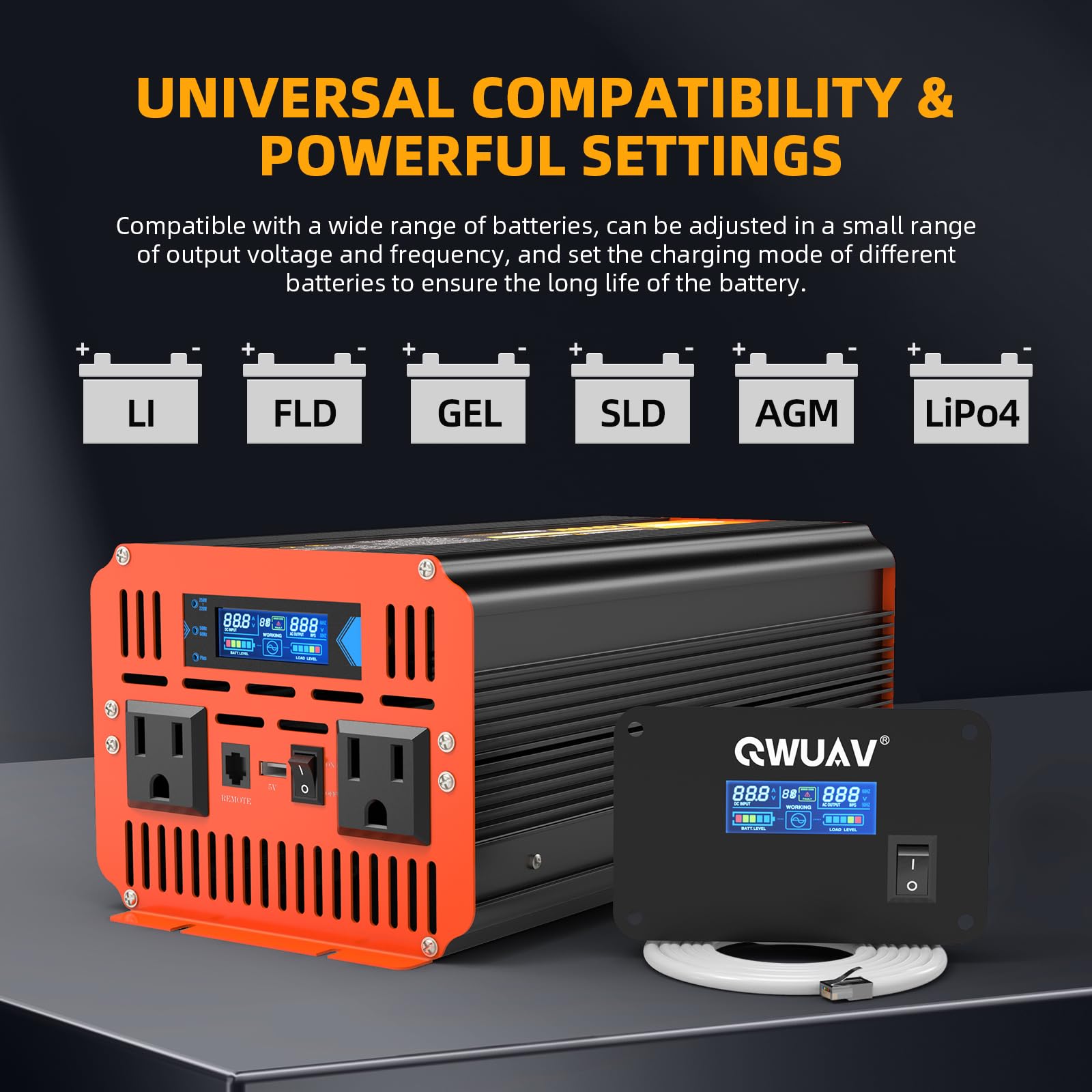 QWUAV 2000W Sump Pump Battery Backup, 2500W Sump Pump Battery Backup System for Power Outage and Emergency, Adjustable Multifunctional LCD Screen, Automatic Switching for Grid and Battery