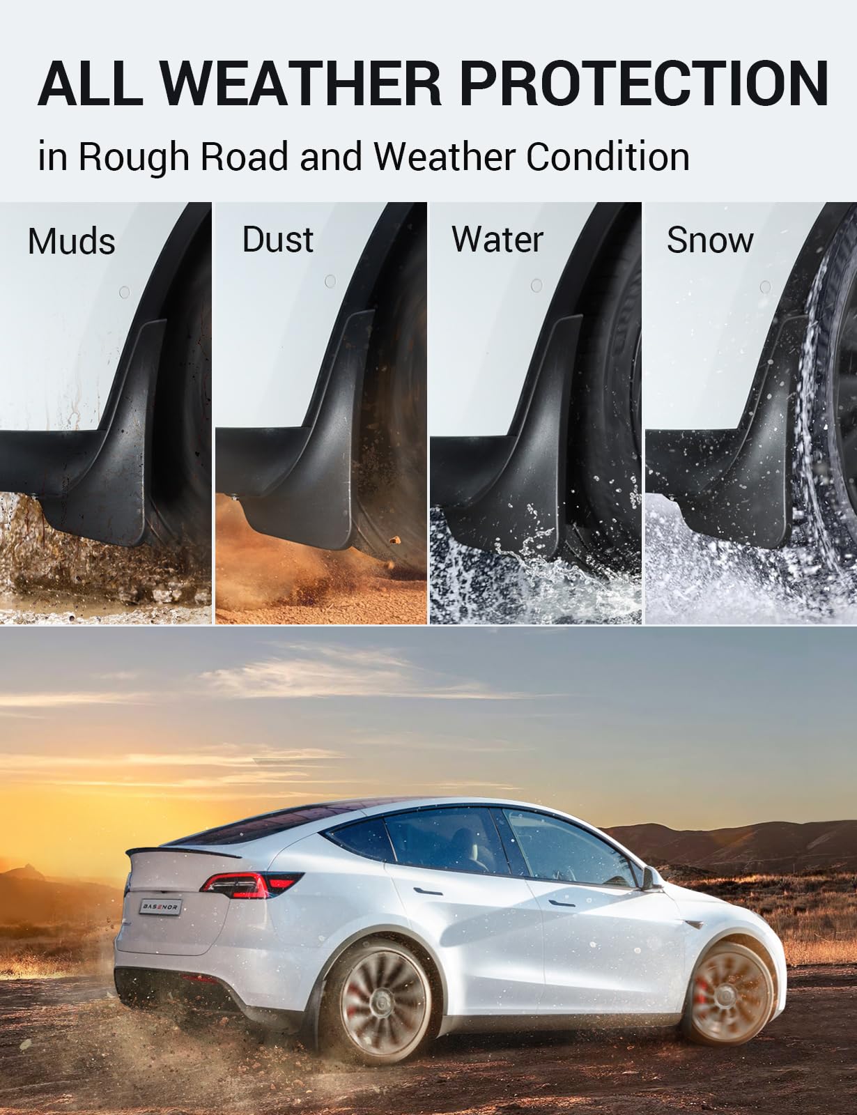 BASENOR 2024 Upgrade Tesla Model Y Mud Flaps Splash Guards Winter Vehicle Sediment Protection No Need to Drill Holes Vehicle Tire Protector Mudflaps All Weather Tesla Exterior Accessories (Set of 4)