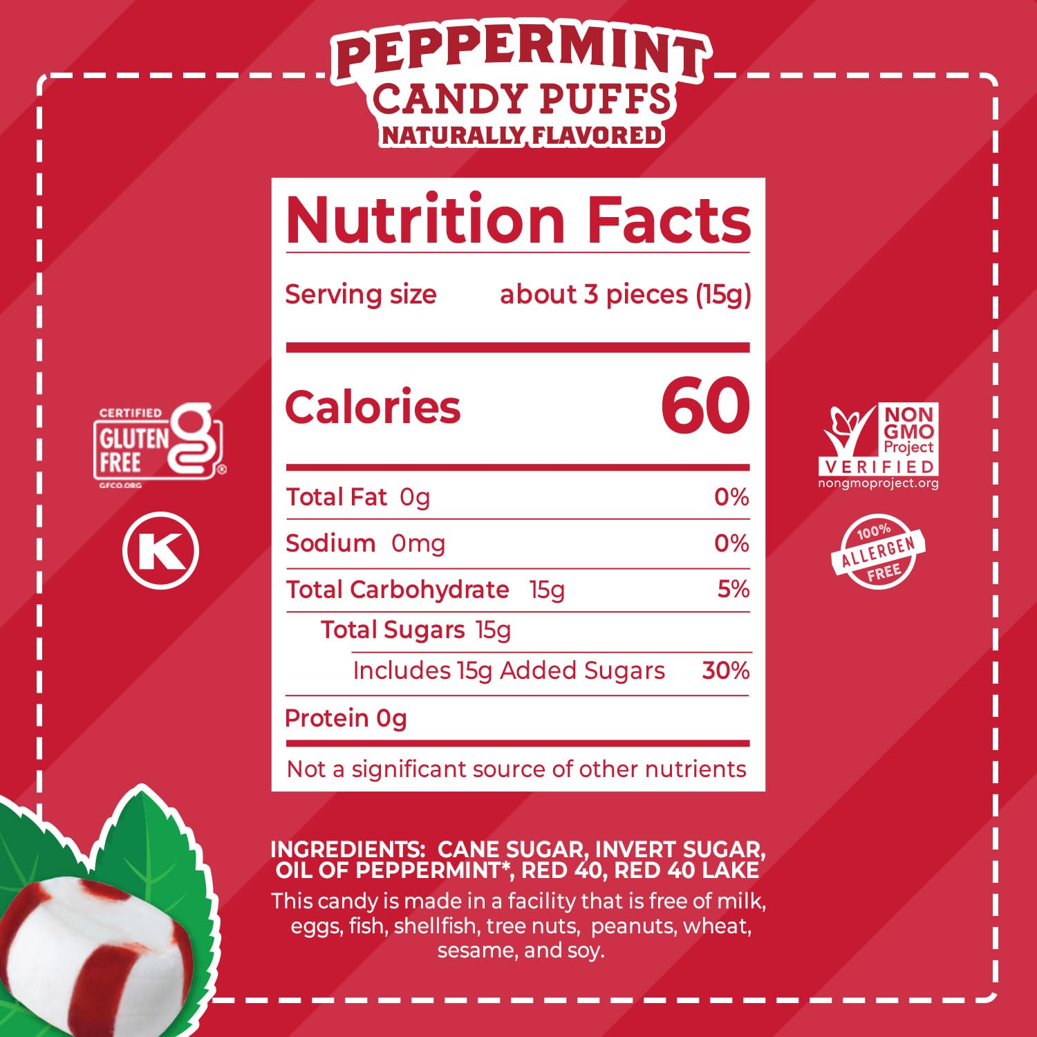 Red Bird Soft Peppermint Candy Puffs, 18 oz Bucket of Mints, Individually Wrapped Christmas Candy, Non-GMO Verified, Kosher