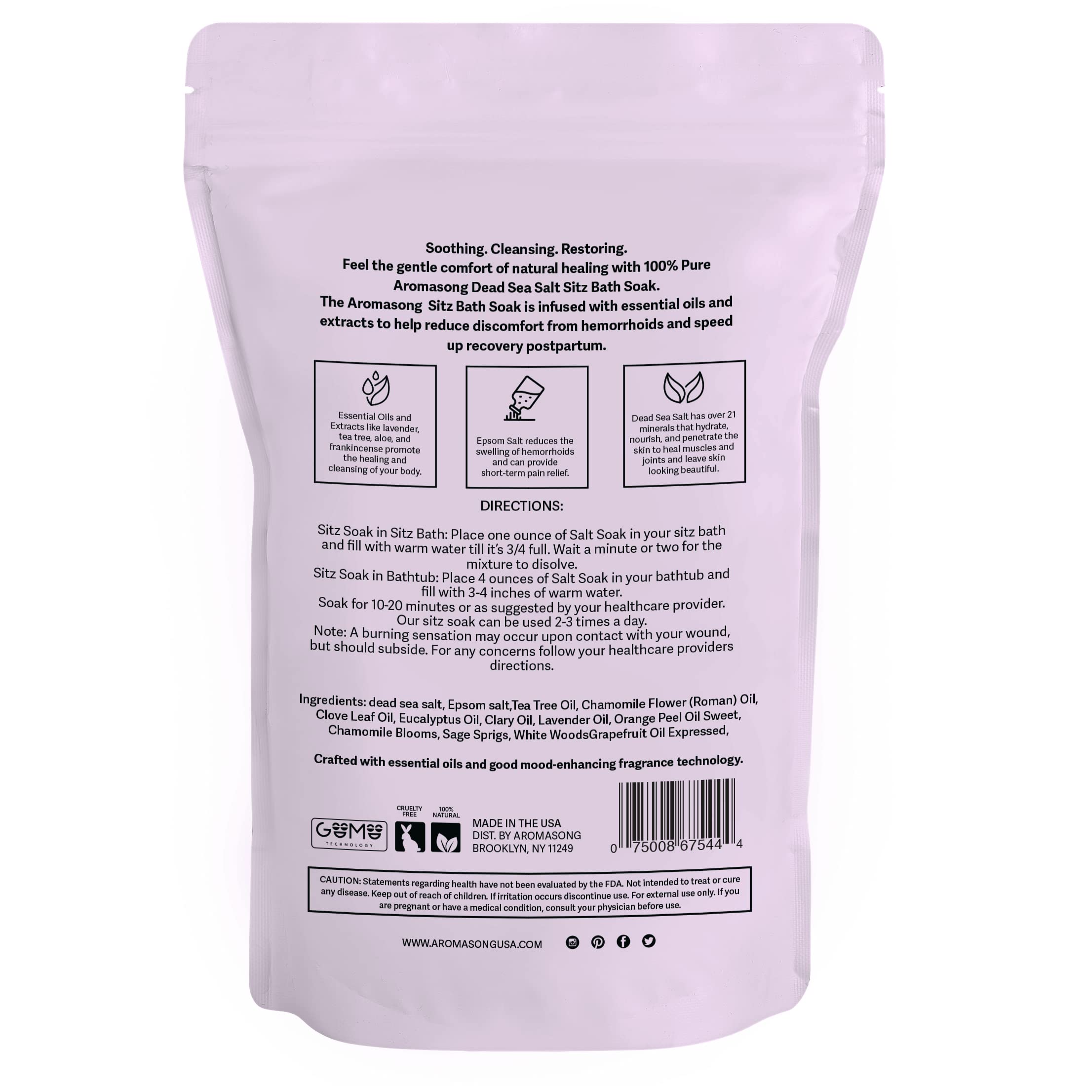 Aromasong Sitz Bath Soak 2lb – Sitz Bath Salt for Hemorrhoid & Postpartum Care – Dead Sea & Epsom Salt Soak with Lavender, Chamomile & Tea Tree – Natural Sitz Bath Salts – Made in USA