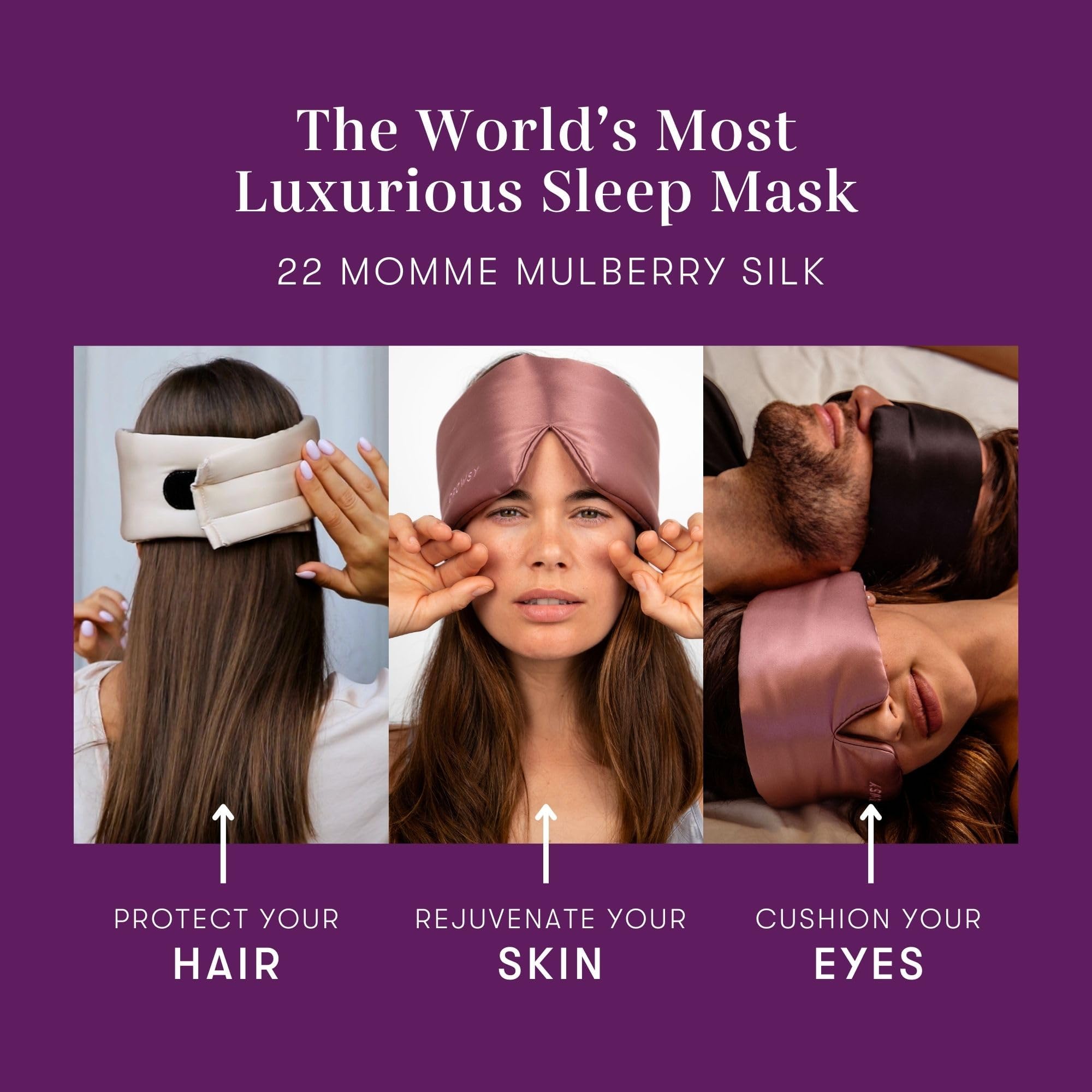 DROWSY Silk Sleep Mask. Face-Hugging, Padded Silk Cocoon for Luxury Sleep in Total Darkness. (Purple Martini)