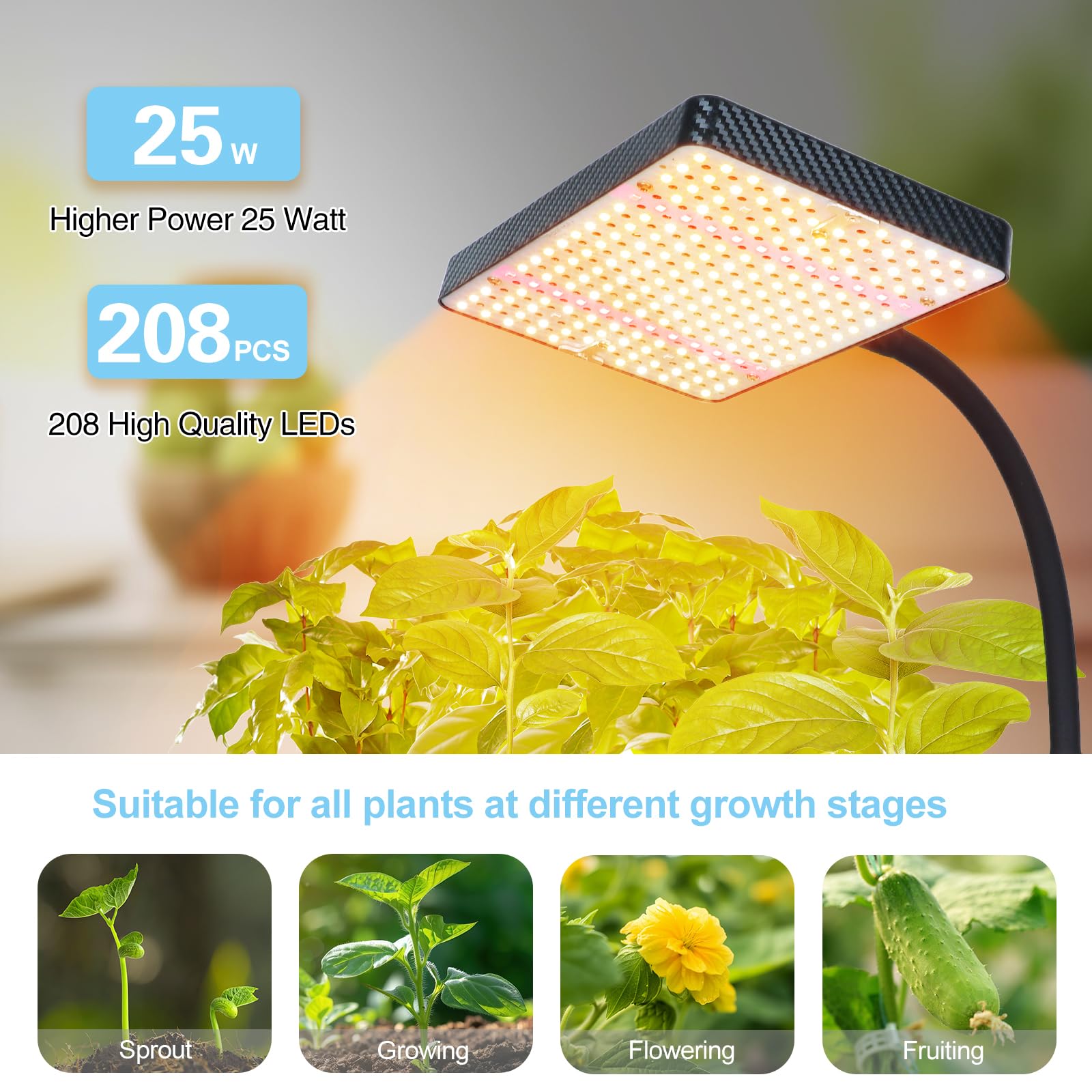 FRGROW Grow Lights for Indoor Plants Full Spectrum, 200W LED Grow Lights Table Top Plant Lights for Indoor Growing, 208 LEDs Desk Grow Lights for Seed Starting Seedlings, Daisy Chain, Dimmable Height