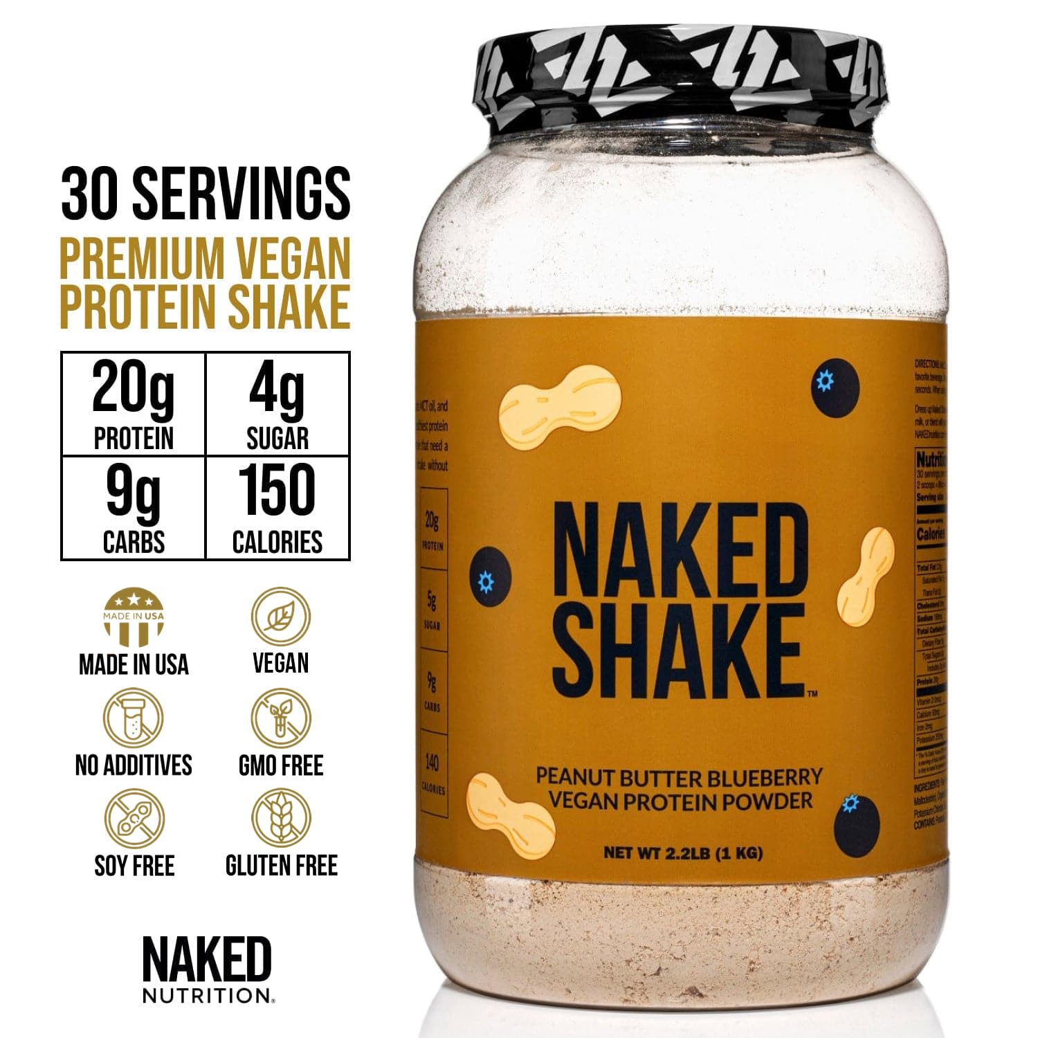 Naked Shake - Peanut Butter Blueberry Protein Powder, Plant Based Protein With Mct Oil, Gluten-Free, Soy-Free, No Gmos Or Artificial Sweeteners - 30 Servings