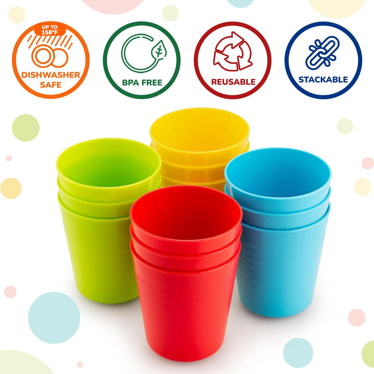 PLASKIDY Kids Plastic Cups, Set of 12, 8 oz, Unbreakable, Reusable, Dishwasher Safe, BPA-Free, Bright Colored Kids Tumblers