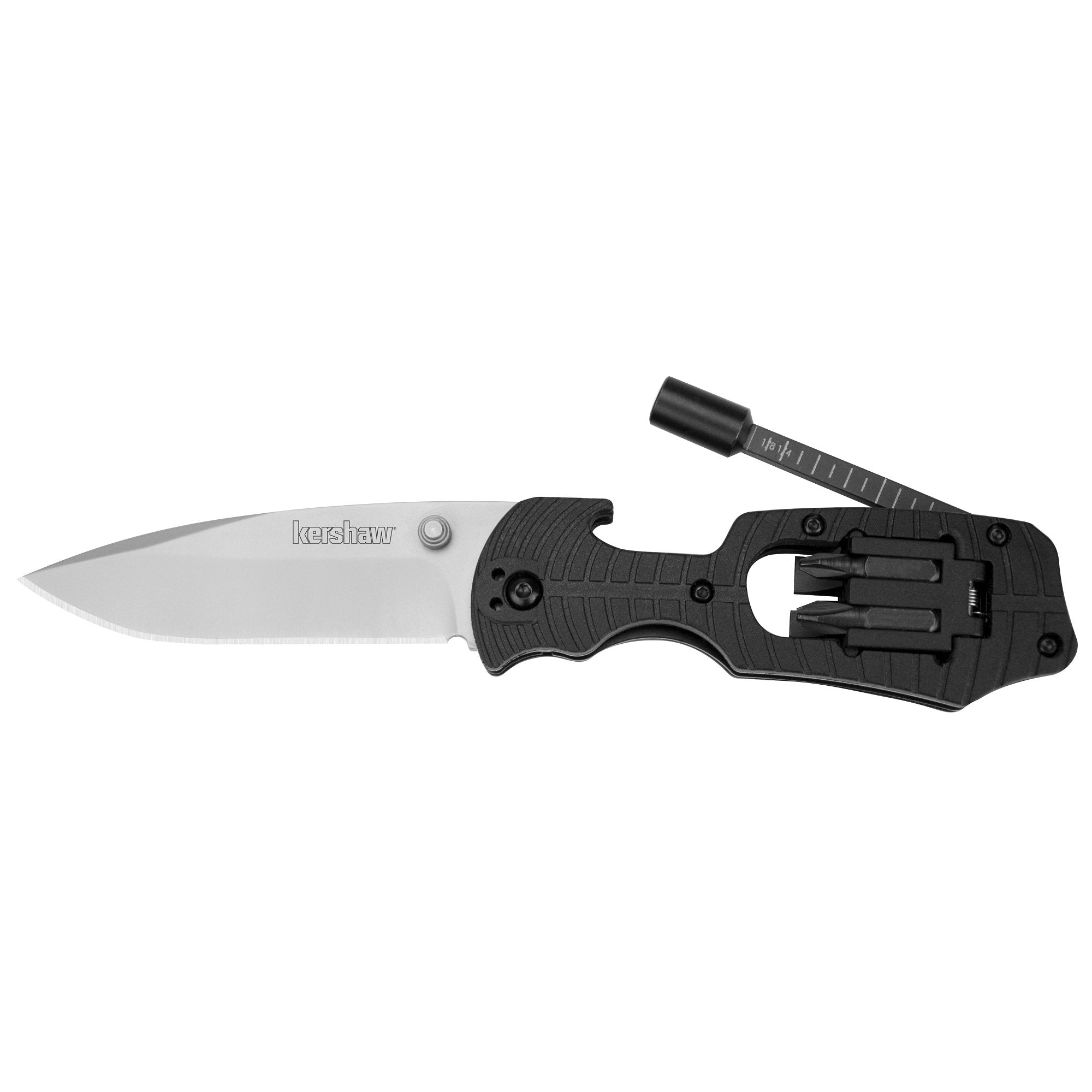 Kershaw Select Fire (1920); Multifunction Pocketknife with 3.4-Inch 8Cr13MoV Stainless Steel Blade, Black Glass-Filled Nylon Handle, 1/4-Inch Hex Drive, 2 Flathead Bits and 2 Crosshead Bits; 5 oz.