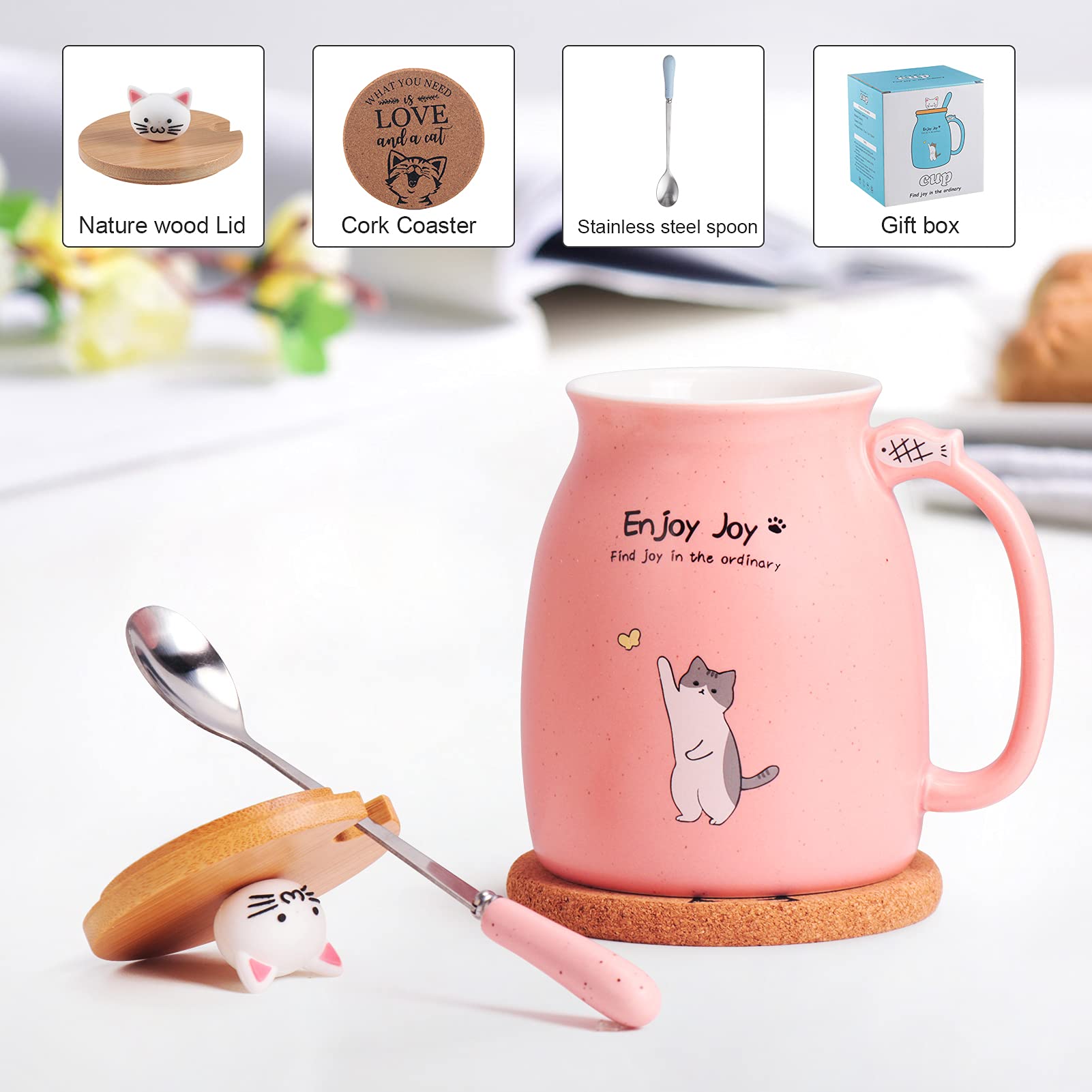 Feify Cute Cat Cup Ceramic Coffee Mug with Kawaii Cat Wooden Lid, Lovely Stainless Steel Spoon, Anime Kitty Thicken Wooden Coaster, Christmas Birthday Cute Thing Japanese Mug 16oz (Pink)