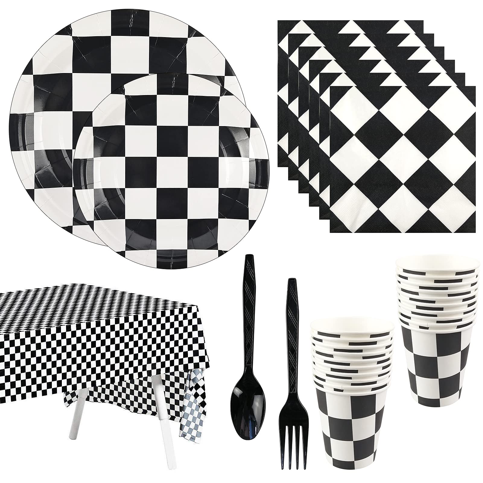 Cieovo Racing Car Party Supplies Set - Serves 20 Guest Includes Party Plates, Spoons, Forks, Knife, Cups Napkins and Tablecloth Party Pack for Racing Car Themed Birthday Parties Decorations