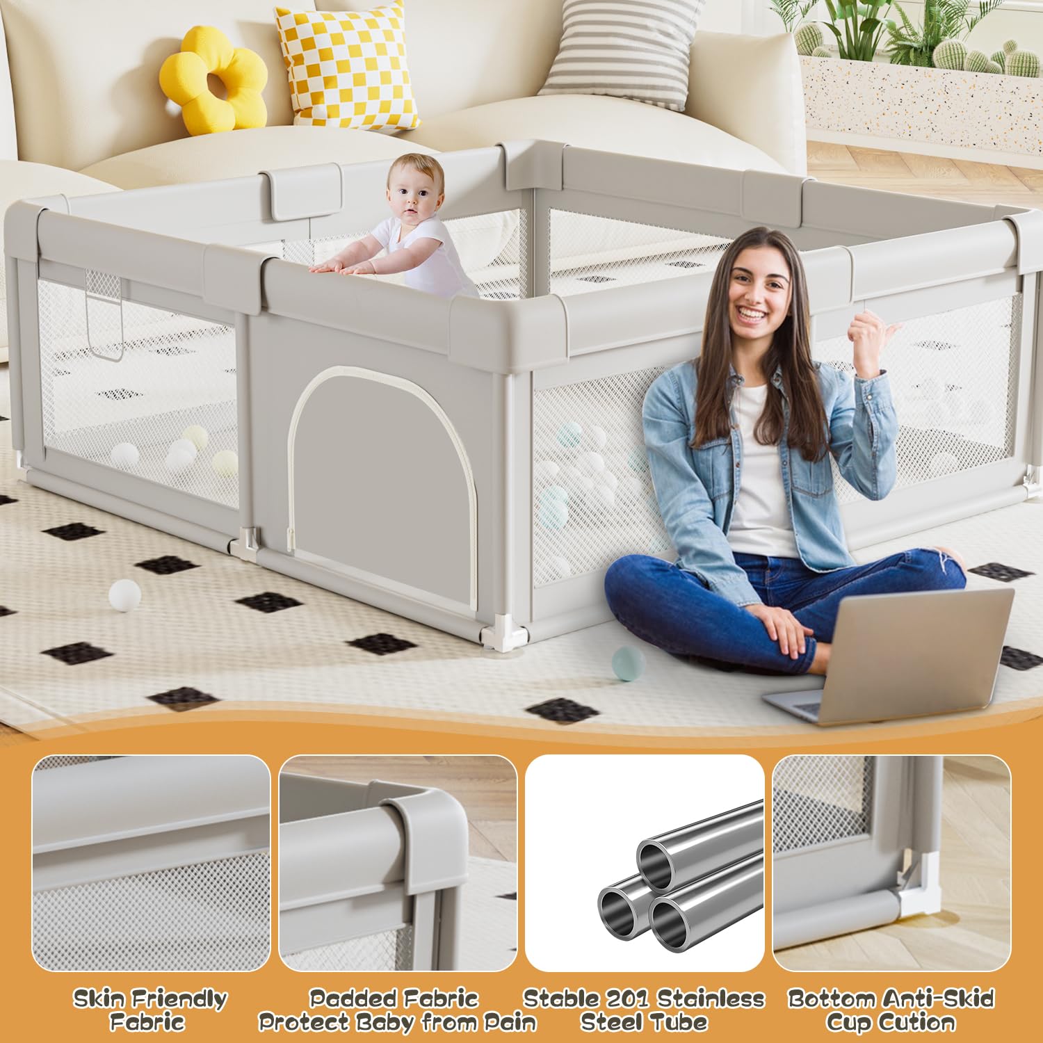 Hiaksedt Baby Playpen 50x50 Inch, Play Pens for Babies and Toddlers Baby Fence Baby Play Yards for Indoor & Outdoor with Breathable Mesh Anti-Fall Playpen