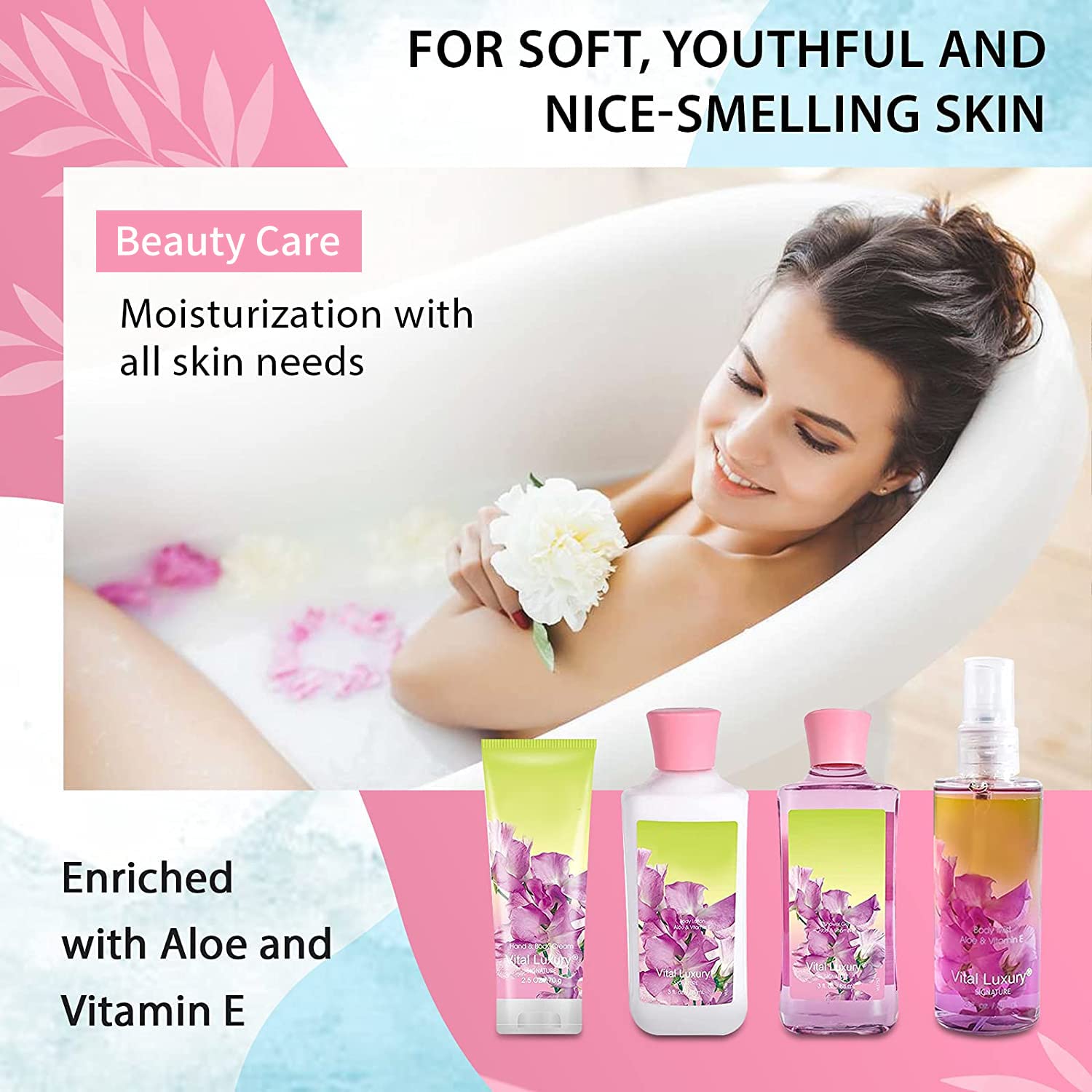 Vital Luxury Sweet Pea Bath & Body Kit, 3 Fl Oz, Ideal Skincare Gift Home Spa Set, Includes Body Lotion, Shower Gel, Body Cream, and Fragrance Mist, Halloween, Christmas Gifts for Her and Him