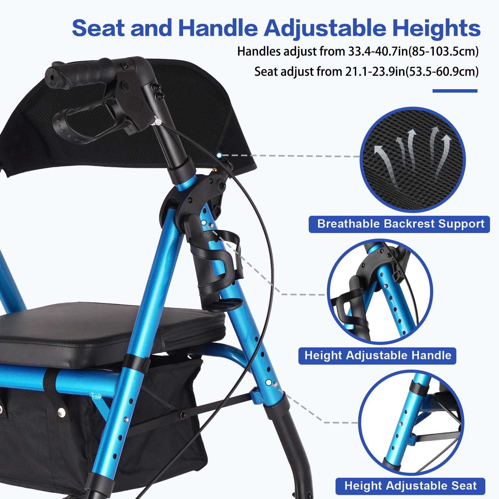 Ambliss 10" Front Wheeled Walkers for Seniors,Rollator Walker with Seat and Extra Wide Backrest, Lightweight Collapsible Rolling Walker, Adjustable Height Rollator Walker with Cup & Cane Holder (Blue)