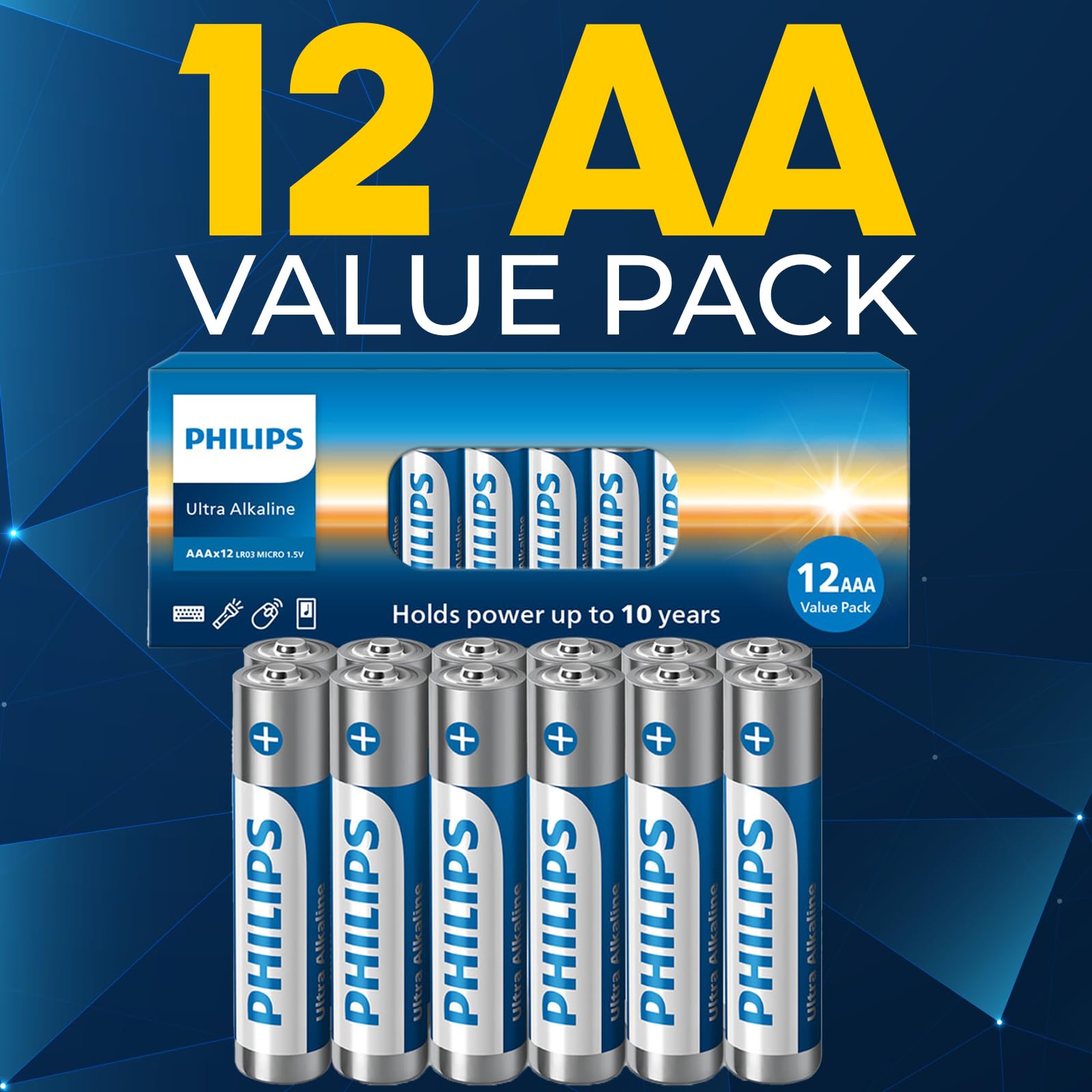 PHILIPS AAA Batteries, Ultra Alkaline Triple AAA Batteries 12 Pack, 1.5v Batteries AAA Size Pack, Ultimate Long-Lasting Power for High-Drain Devices, 10-Year Shelf Life, Durable Leak-Proof Design.