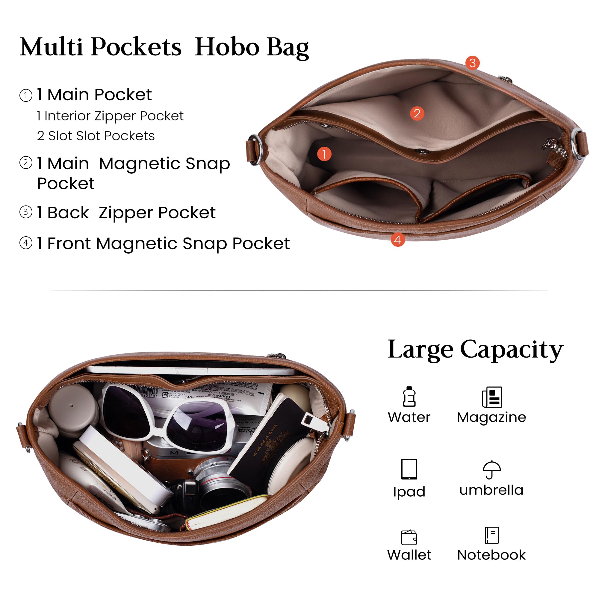 befen Genuine Leather Purse for Women, Brown Crossbody Bags for Women Soft Real Leather Hobo Bag with 2 Detachable Straps Designer Large Crossbody Purse Womens Shoulder Handbag for Daily and Work